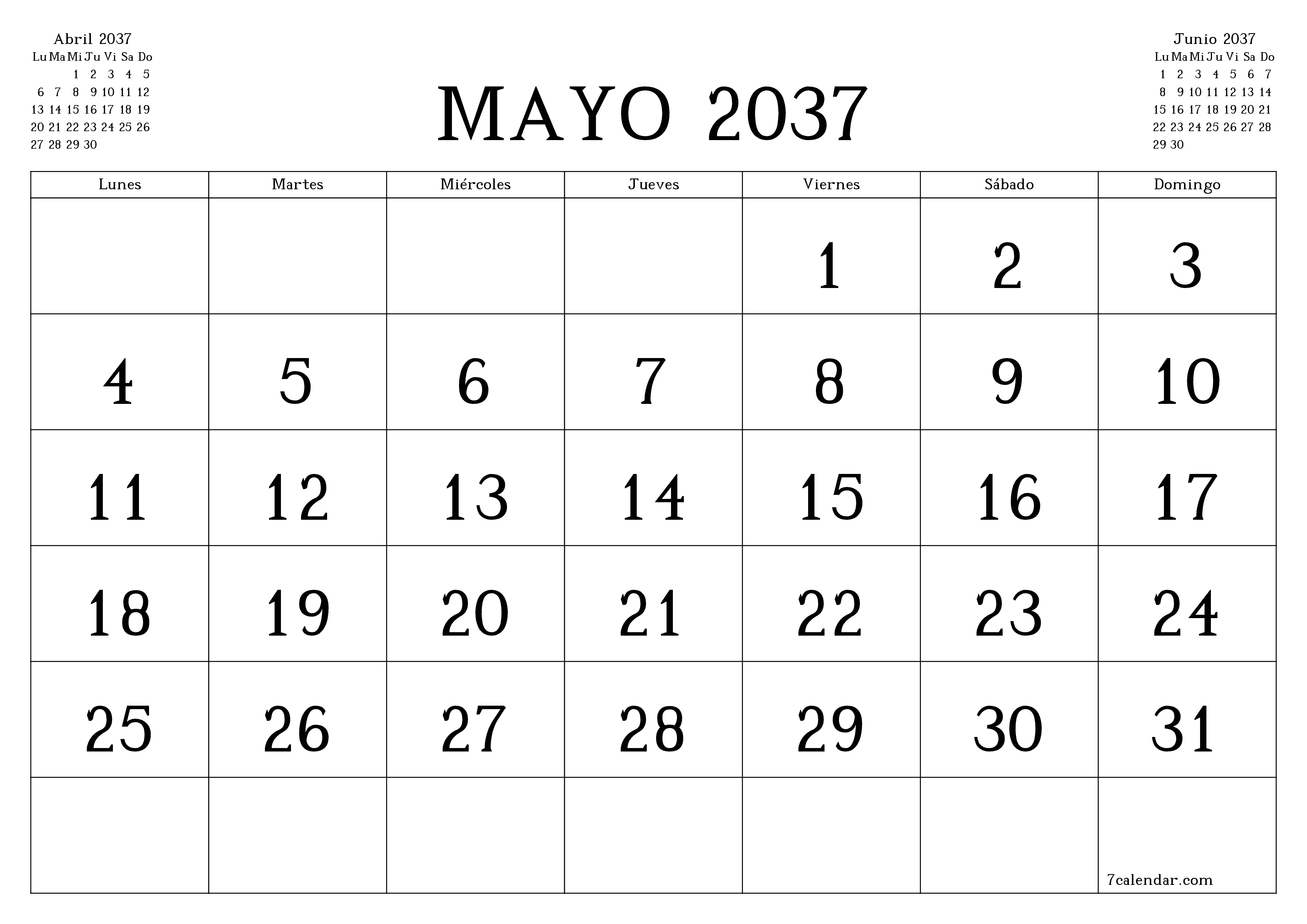 Planificador mensual vacío para el mes Mayo 2037 con notas, guardar e imprimir en PDF PNG Spanish