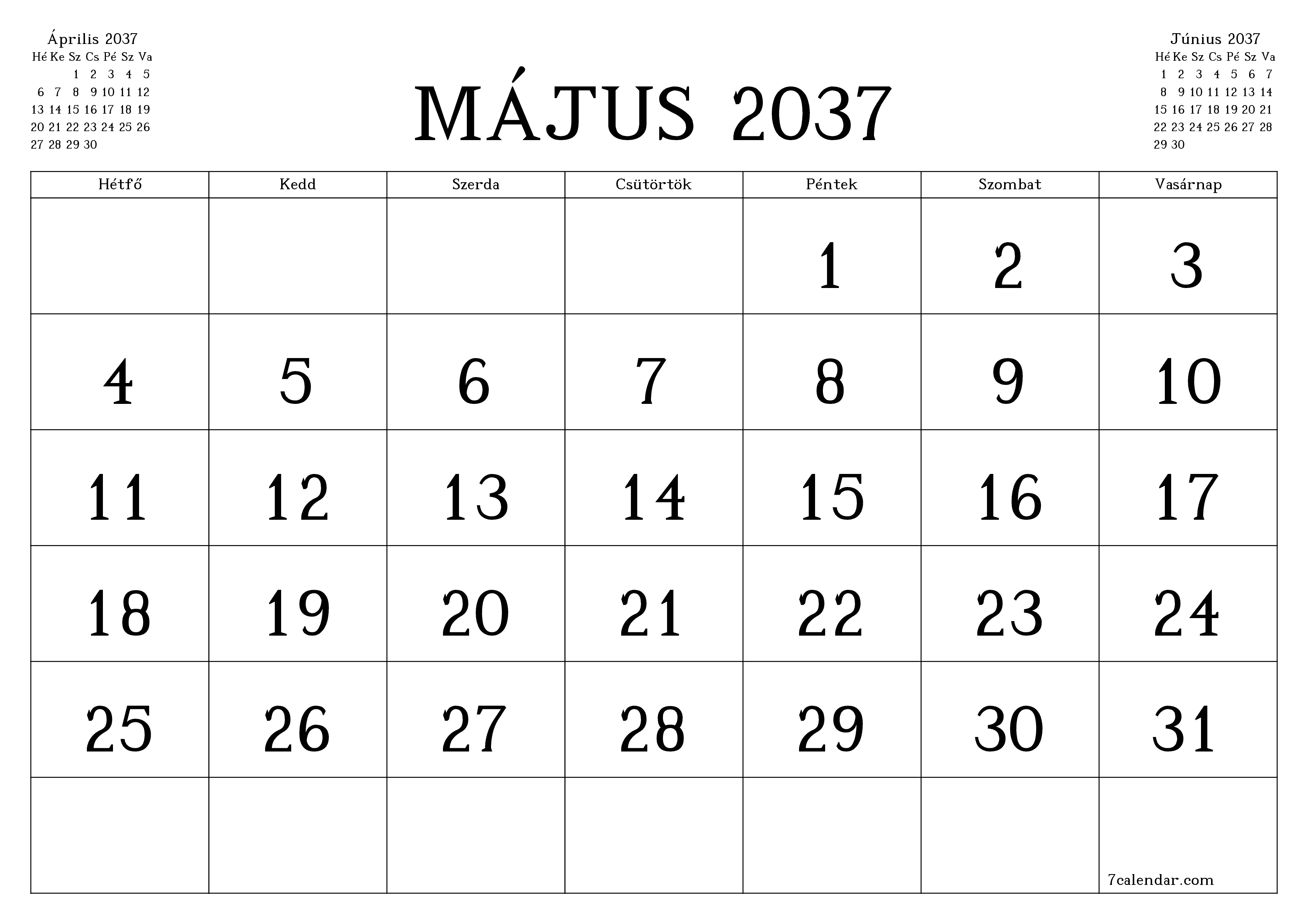 Üres havi tervező a Május 2037 hónapra jegyzetekkel, mentés és nyomtatás PDF-be PNG Hungarian
