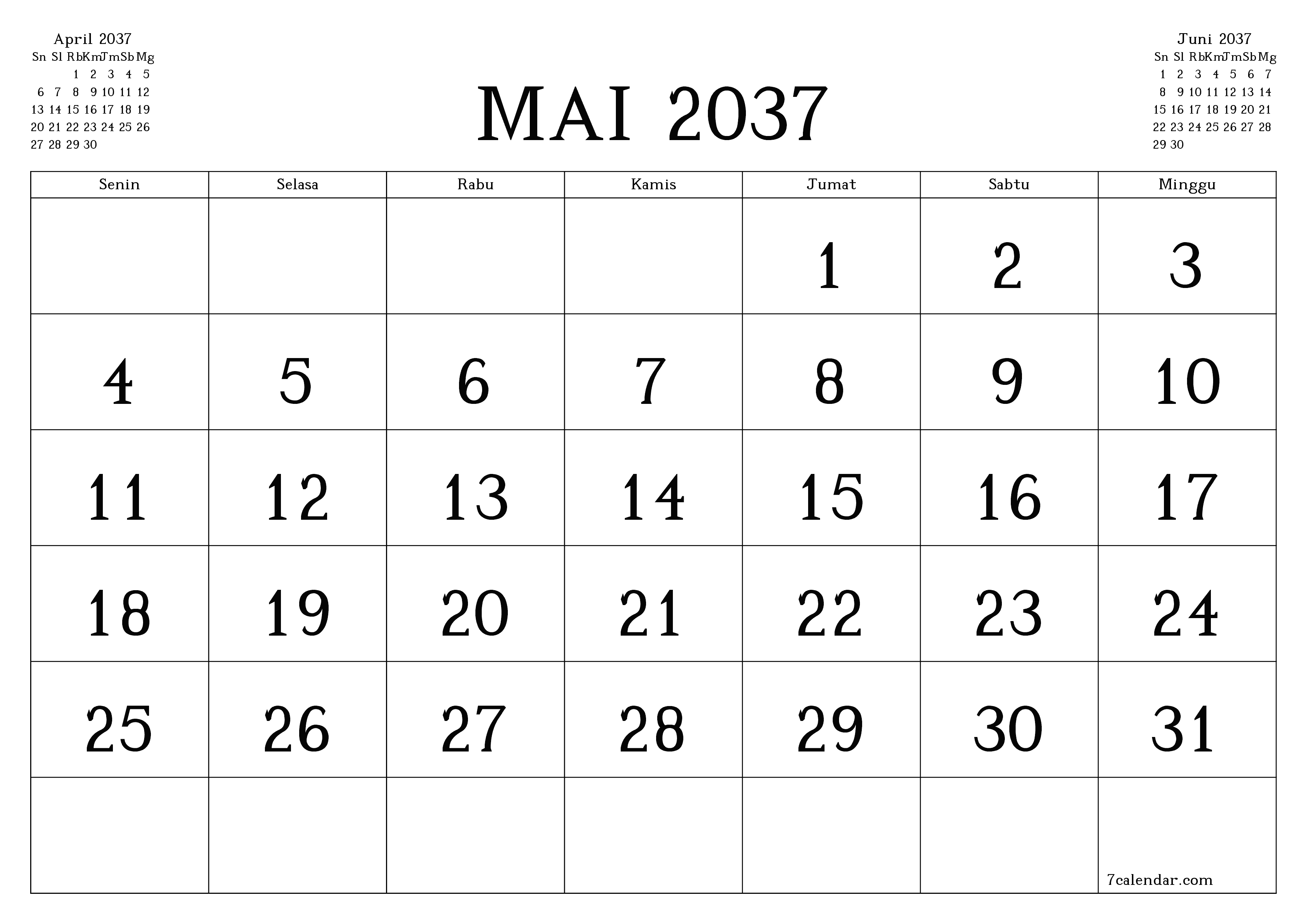 Kosongkan agenda bulanan untuk bulan Mai 2037 dengan catatan, simpan dan cetak ke PDF PNG Indonesian