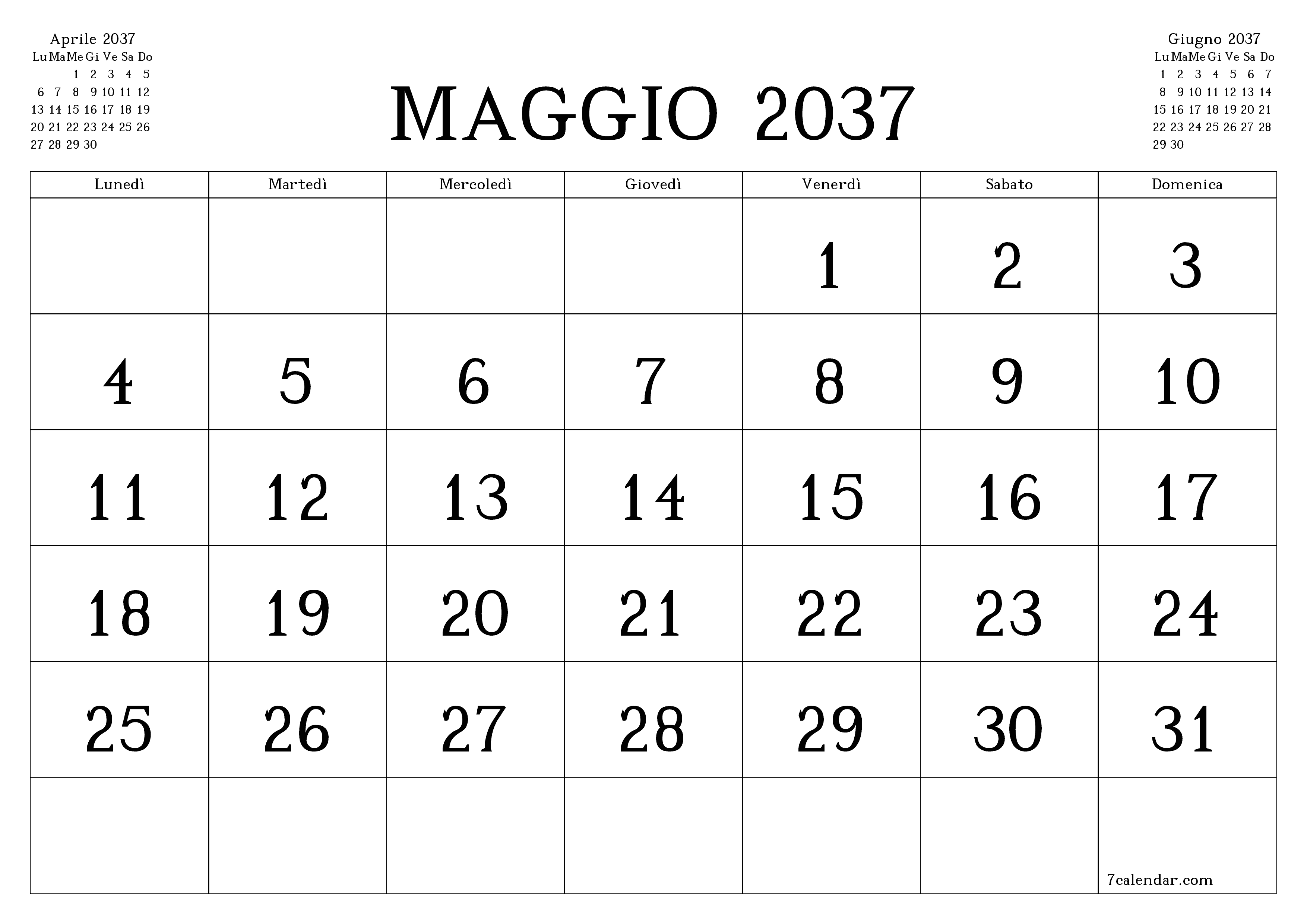 Pianificatore mensile vuoto per il mese Maggio 2037 con note, salva e stampa in PDF PNG Italian