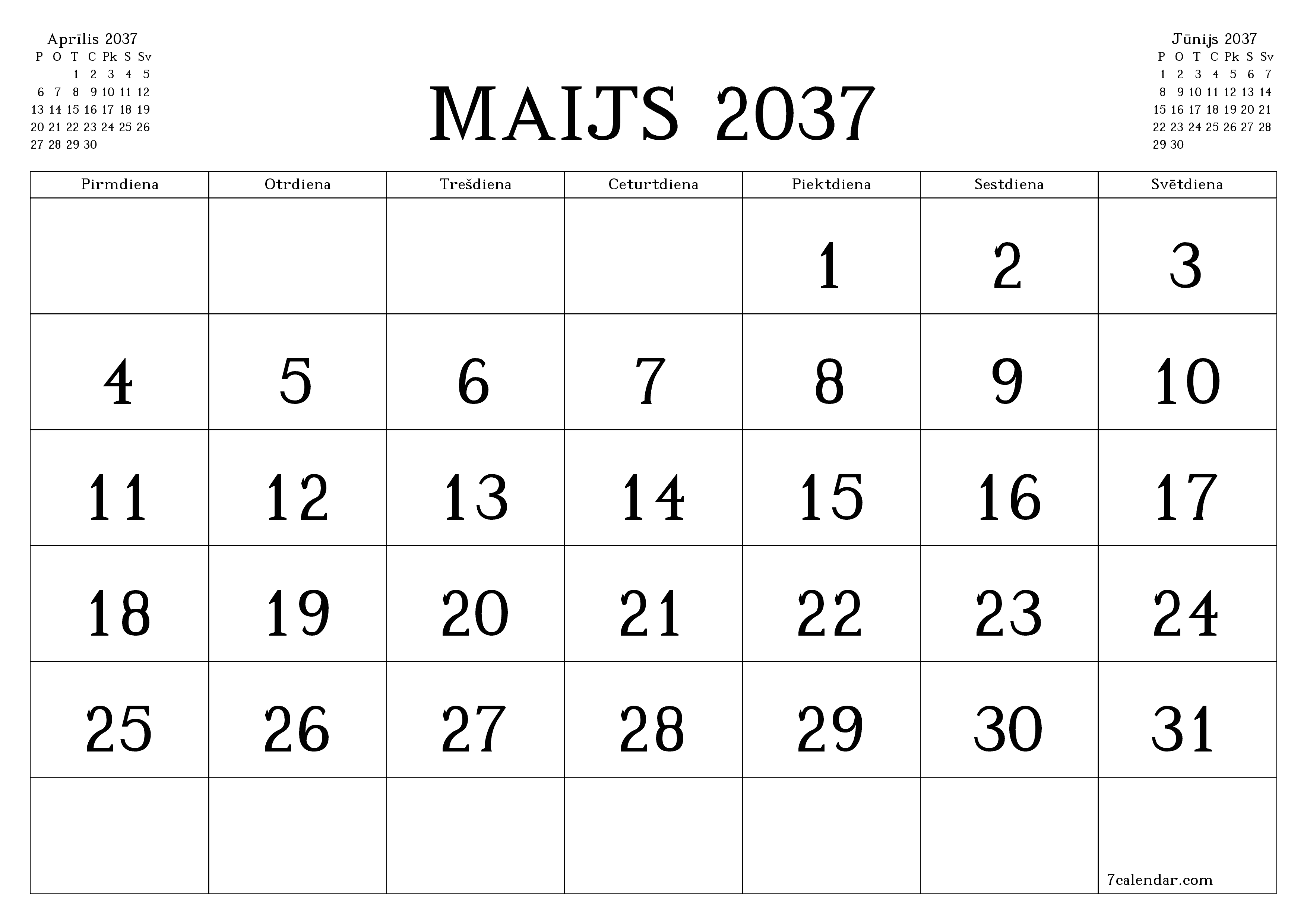 Iztukšot mēneša plānotāju mēnesim Maijs 2037 ar piezīmēm, saglabāt un izdrukāt PDF formātā PNG Latvian