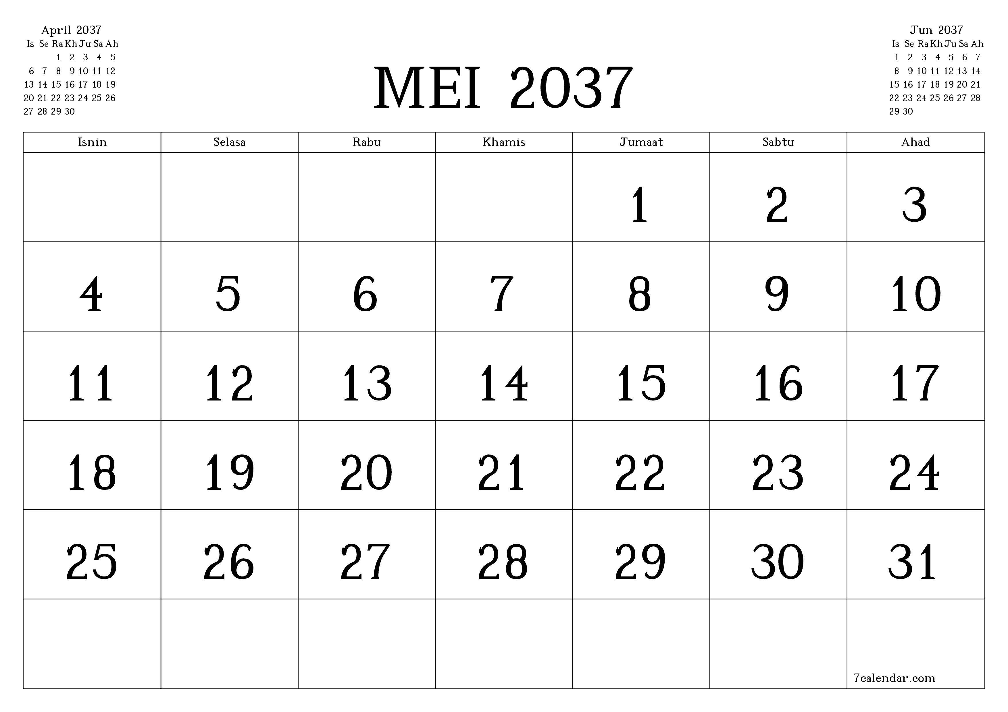 Perancang bulanan kosong untuk bulan Mei 2037 dengan nota, simpan dan cetak ke PDF PNG Malay