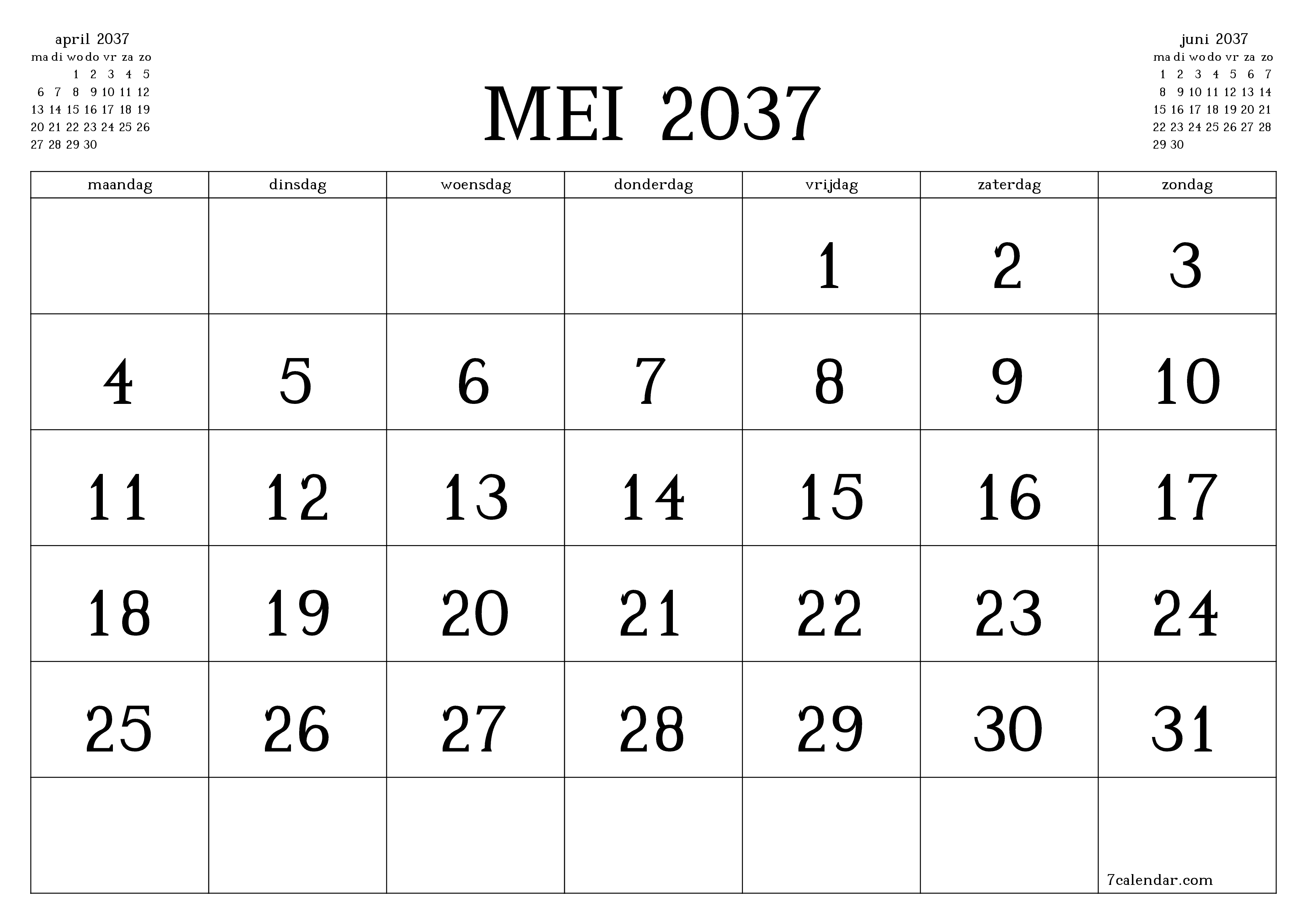 Lege maandplanner voor maand mei 2037 met notities, opslaan en afdrukken naar pdf PNG Dutch