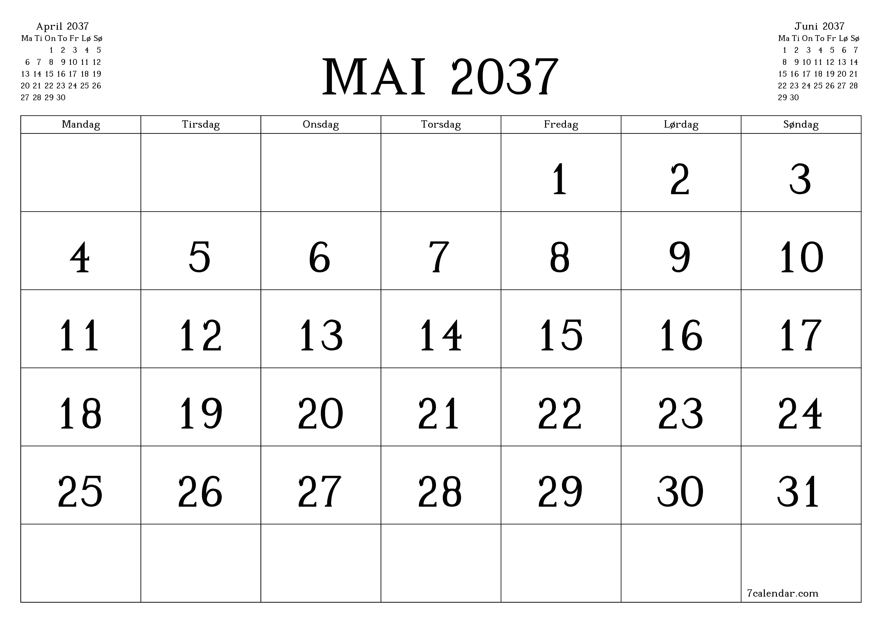 Tom månedlig planlegger for måned Mai 2037 med notater, lagre og skriv ut til PDF PNG Norwegian