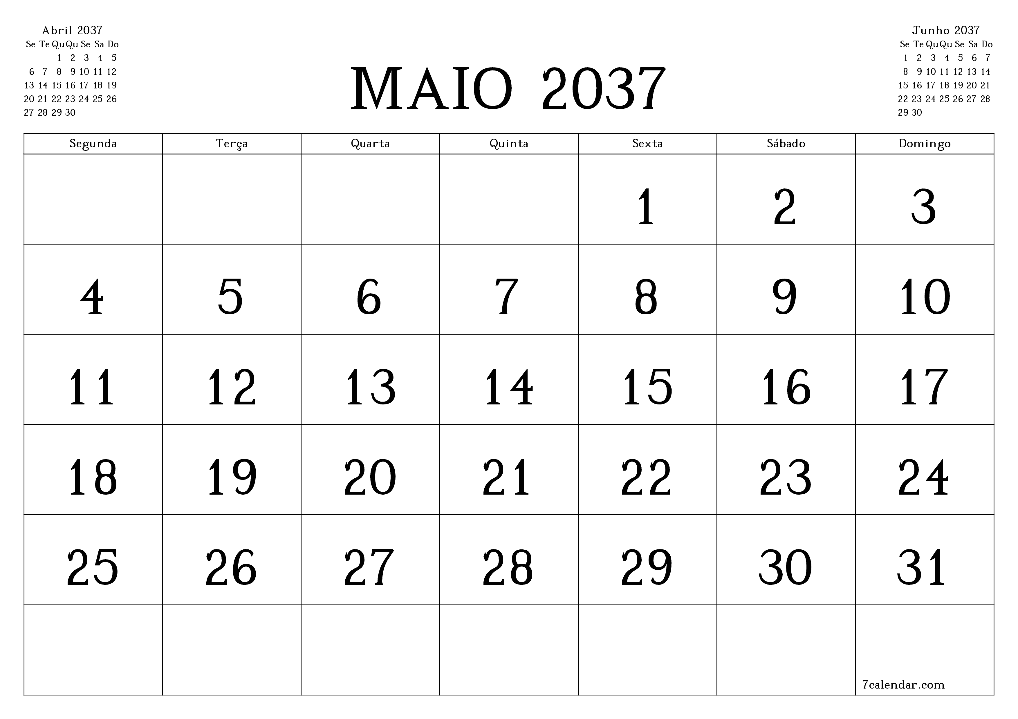 Esvazie o planejador mensal para o mês Maio 2037 com notas, salve e imprima em PDF PNG Portuguese
