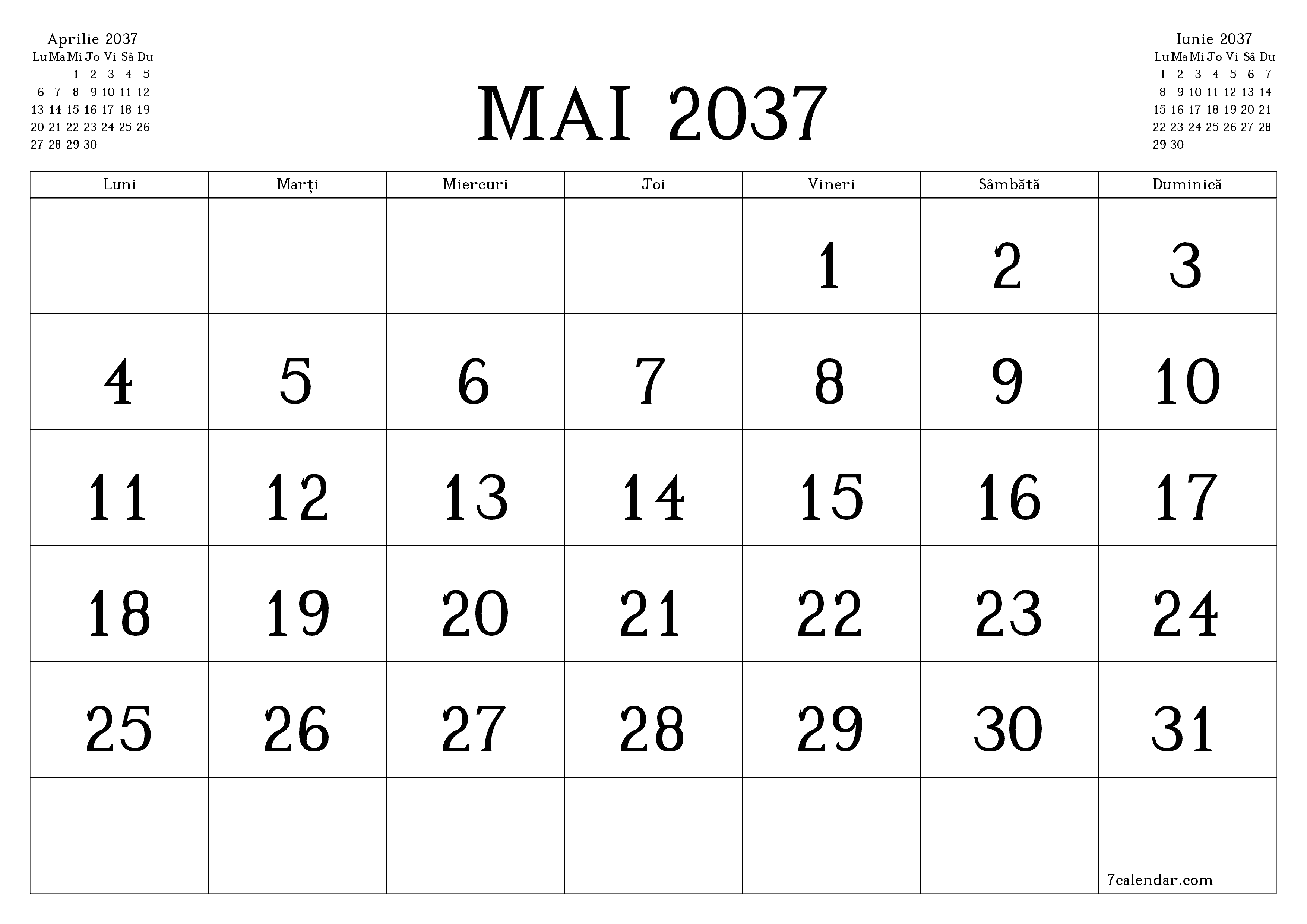 Planificator lunar gol pentru luna Mai 2037 cu note, salvați și tipăriți în PDF PNG Romanian