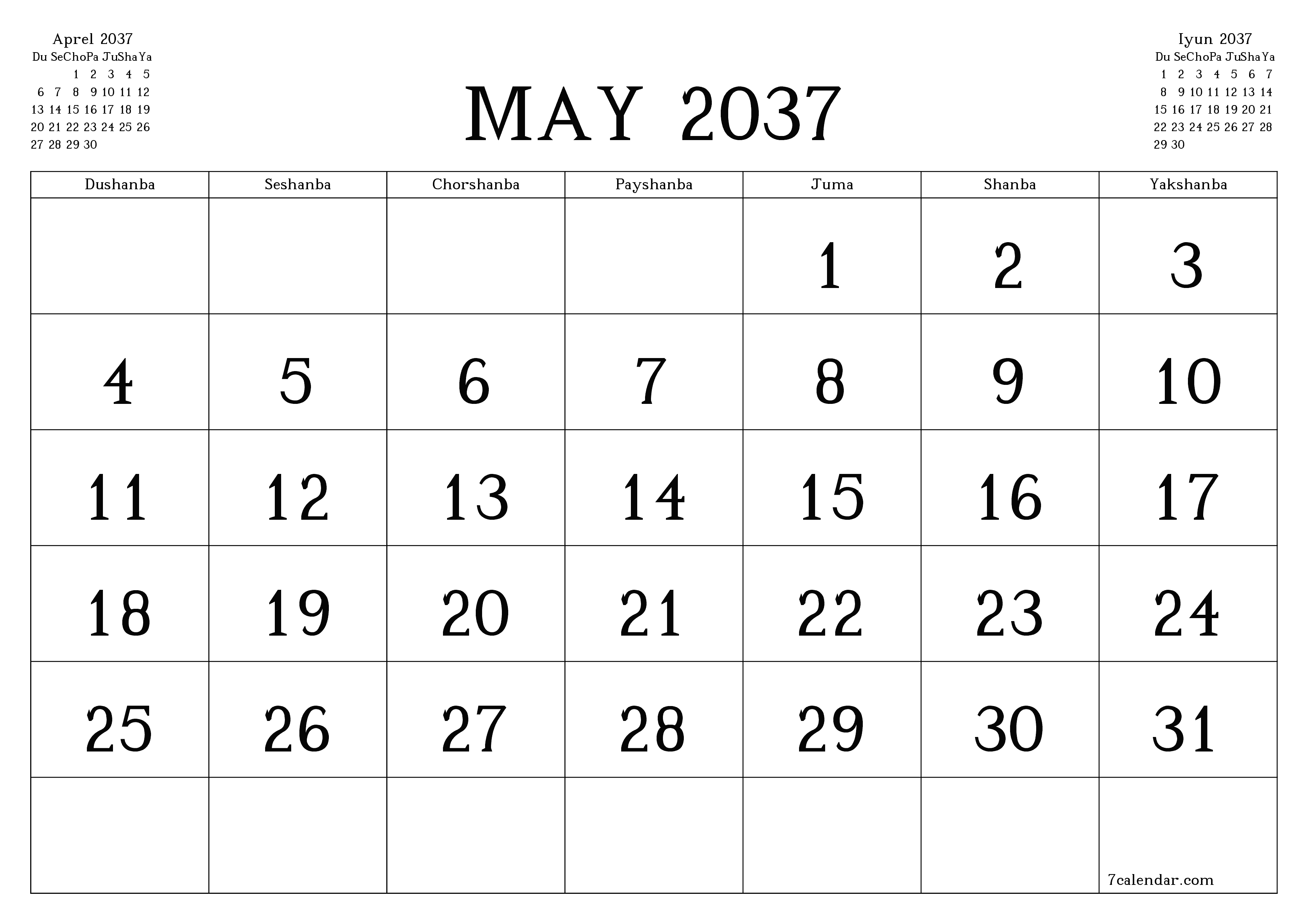May 2037 oylik oylik rejalashtiruvchini yozuvlar bilan bo'shatish, saqlash va PDF-ga chop etish PNG Uzbek
