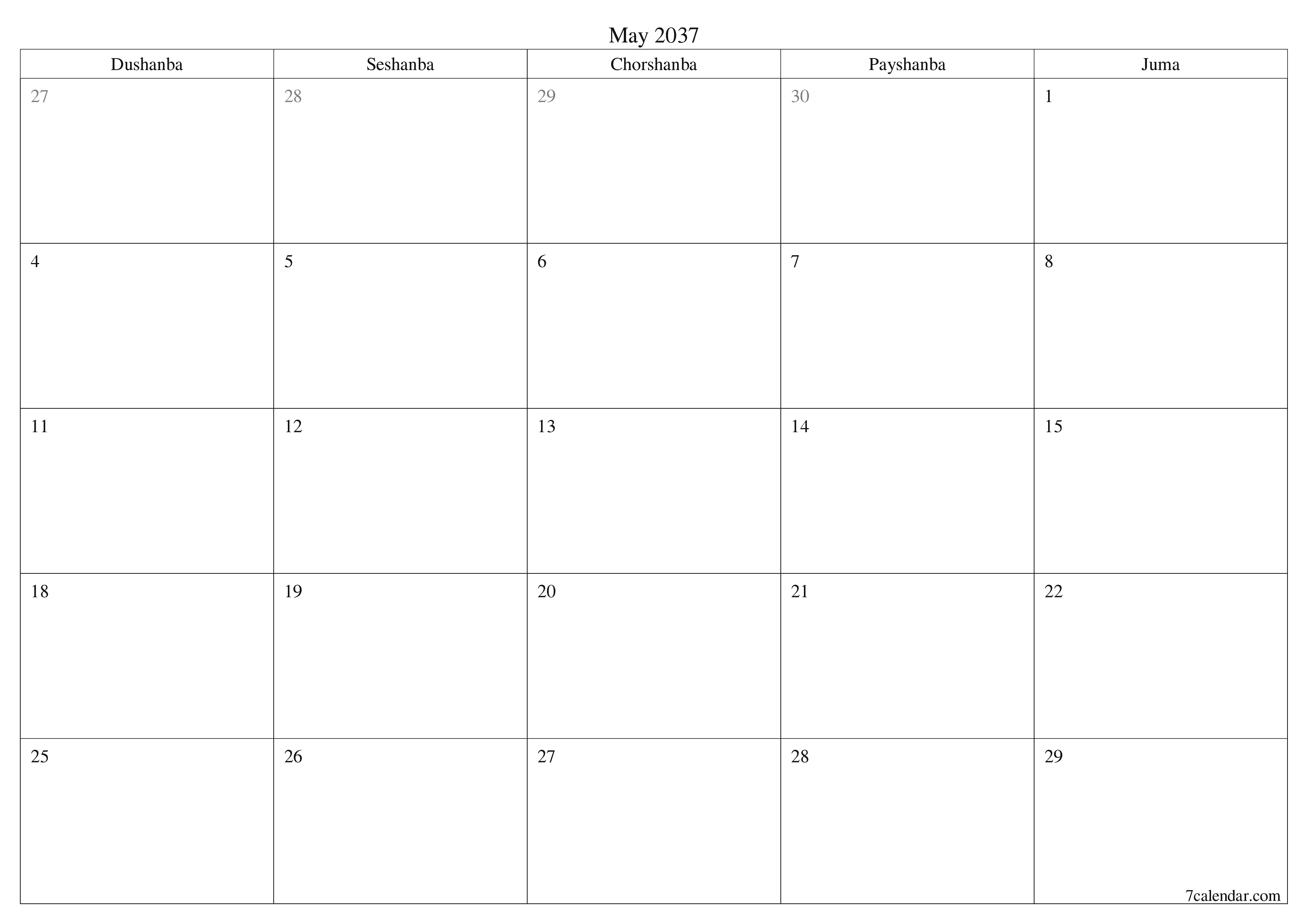 May 2037 oylik oylik rejalashtiruvchini yozuvlar bilan bo'shatish, saqlash va PDF-ga chop etish PNG Uzbek