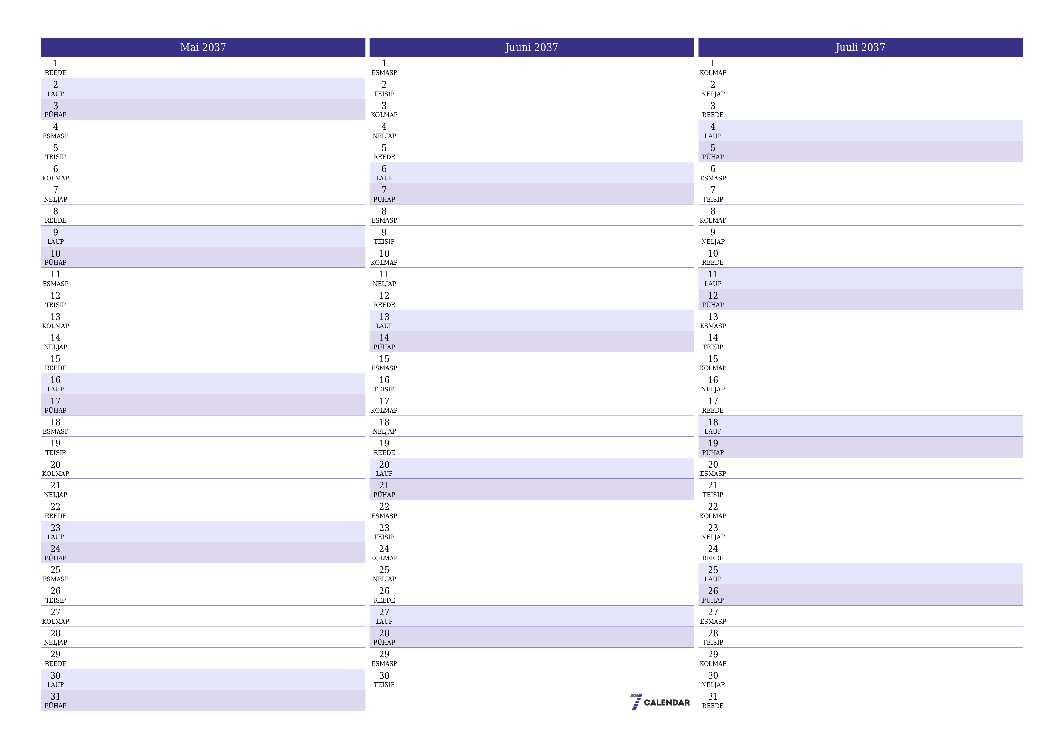 Tühjendage kuu Mai 2037 kuuplaneerija märkmetega, salvestage ja printige PDF-i PNG Estonian