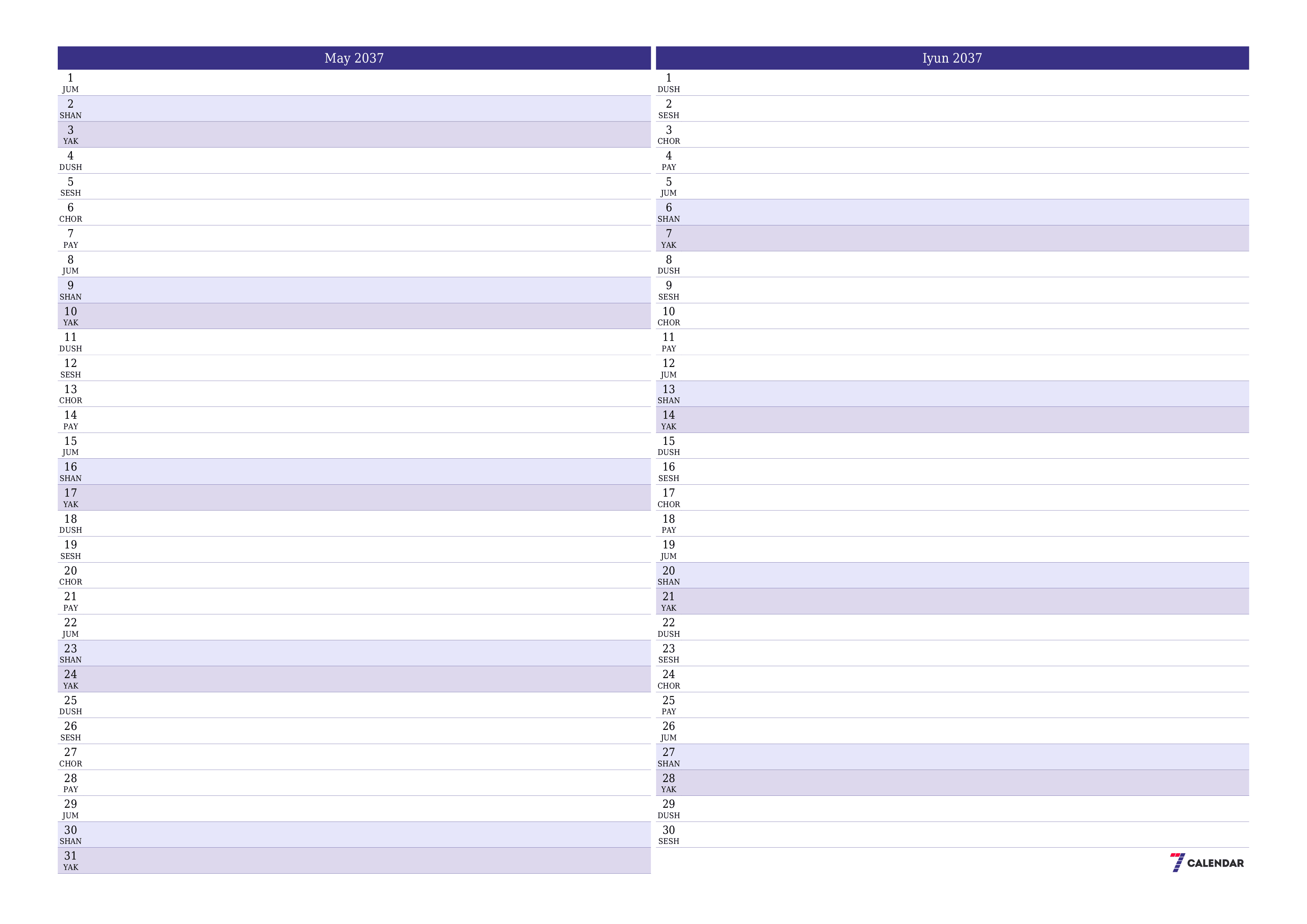 May 2037 oylik oylik rejalashtiruvchini yozuvlar bilan bo'shatish, saqlash va PDF-ga chop etish PNG Uzbek