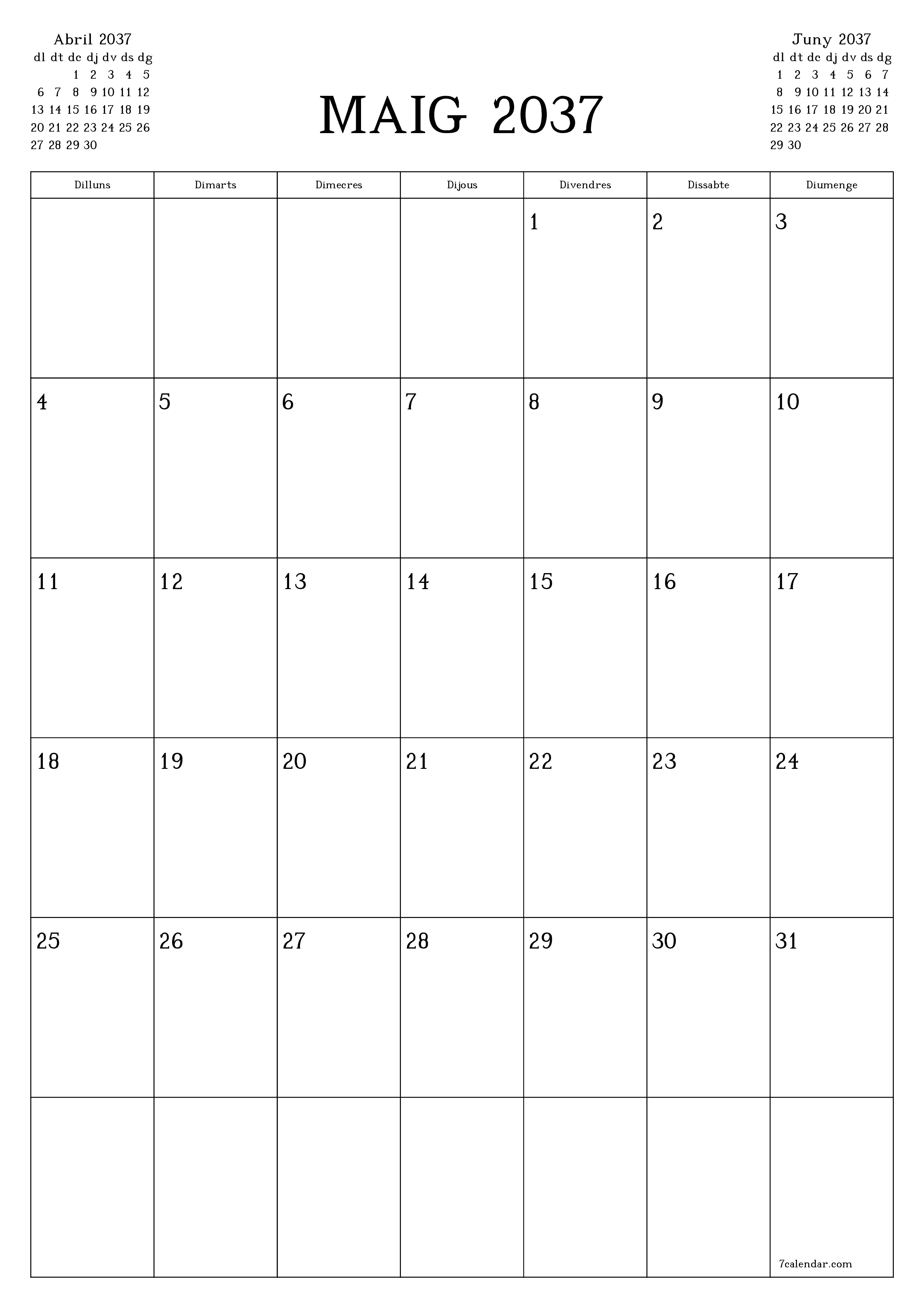  imprimible de paret plantilla de gratuïtvertical Mensual planificador calendari Maig (Mai) 2037