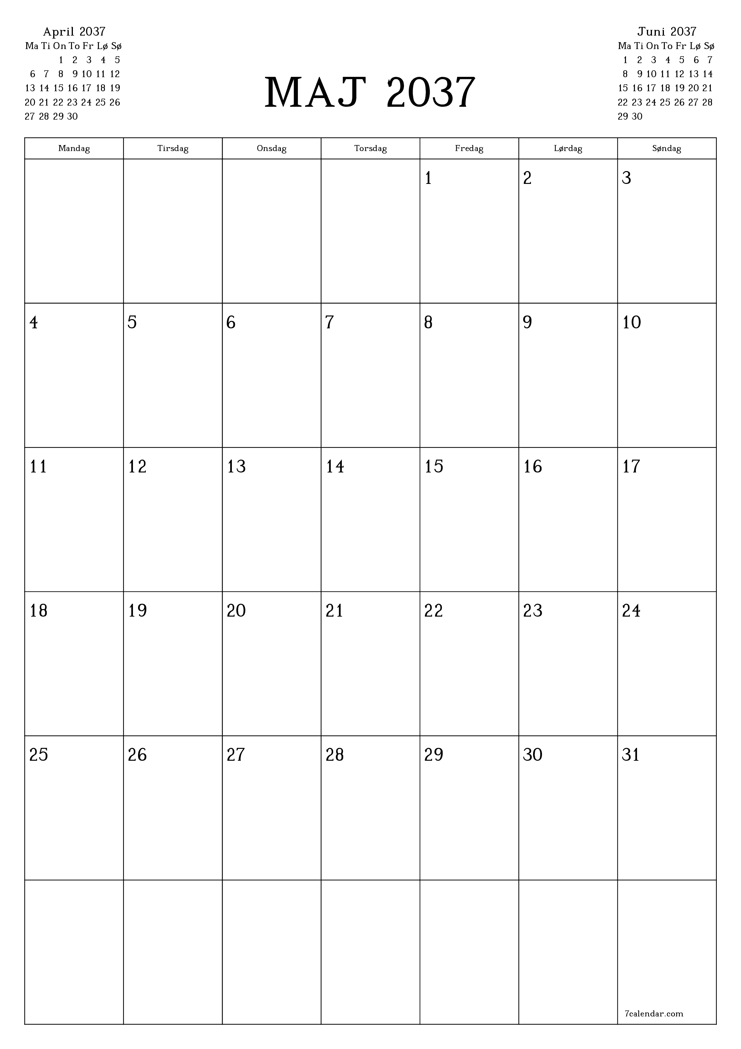 udskrivbar væg skabelon gratis lodret Månedlig planlægger kalender Maj (Maj) 2037