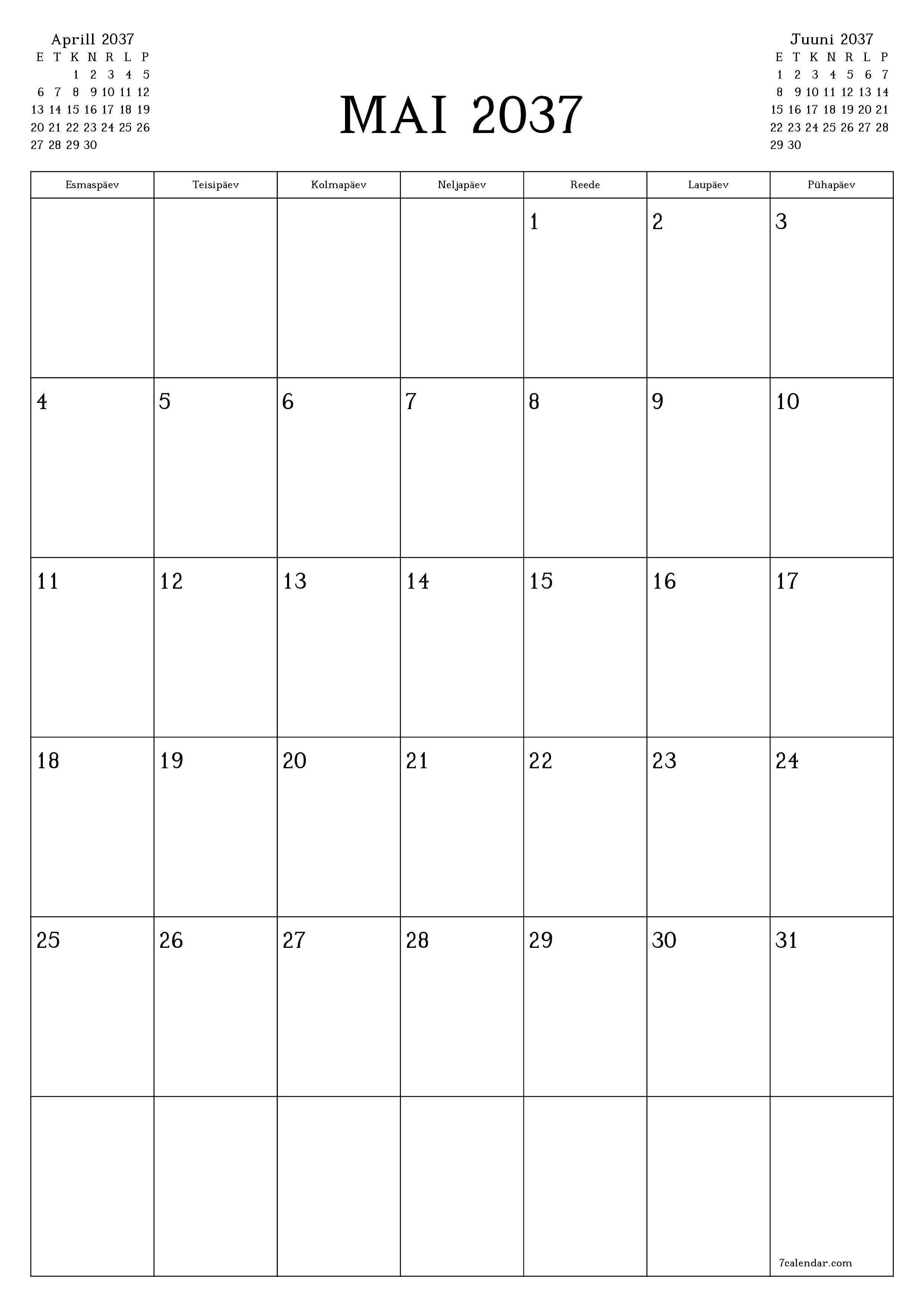 prinditav seina kalendri mall tasuta vertikaalne Igakuine planeerija kalender Mai (Mai) 2037