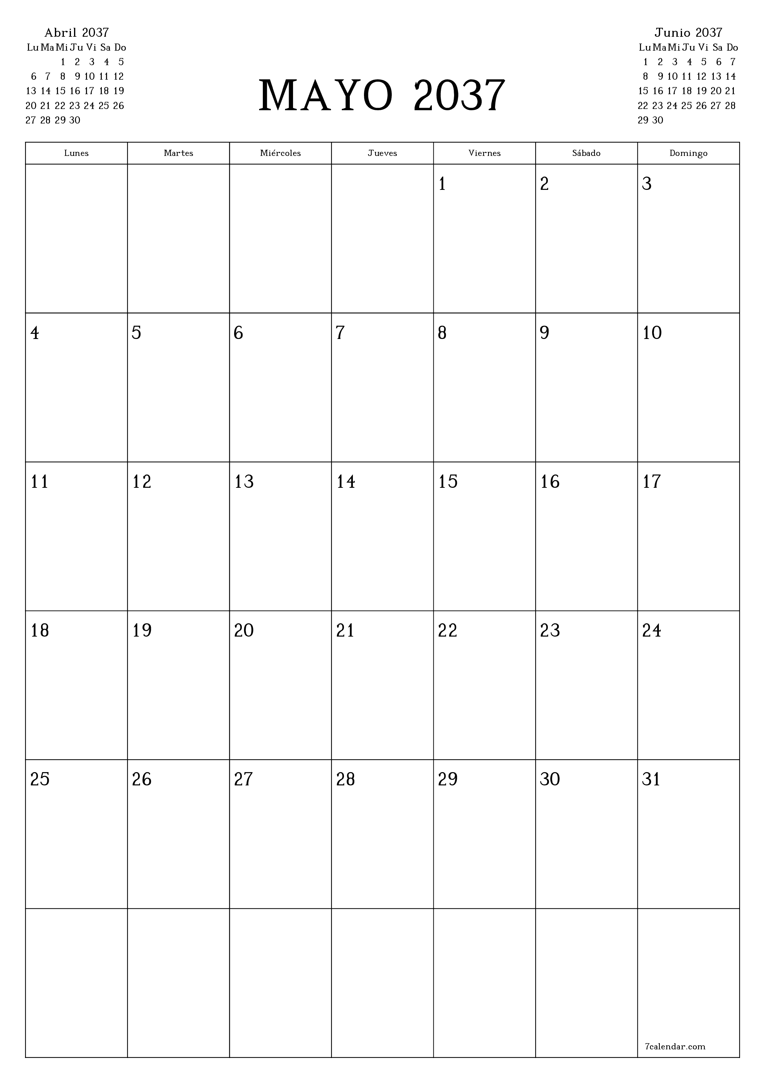  imprimible de pared plantilla de gratisvertical Mensual planificador calendario Mayo (May) 2037