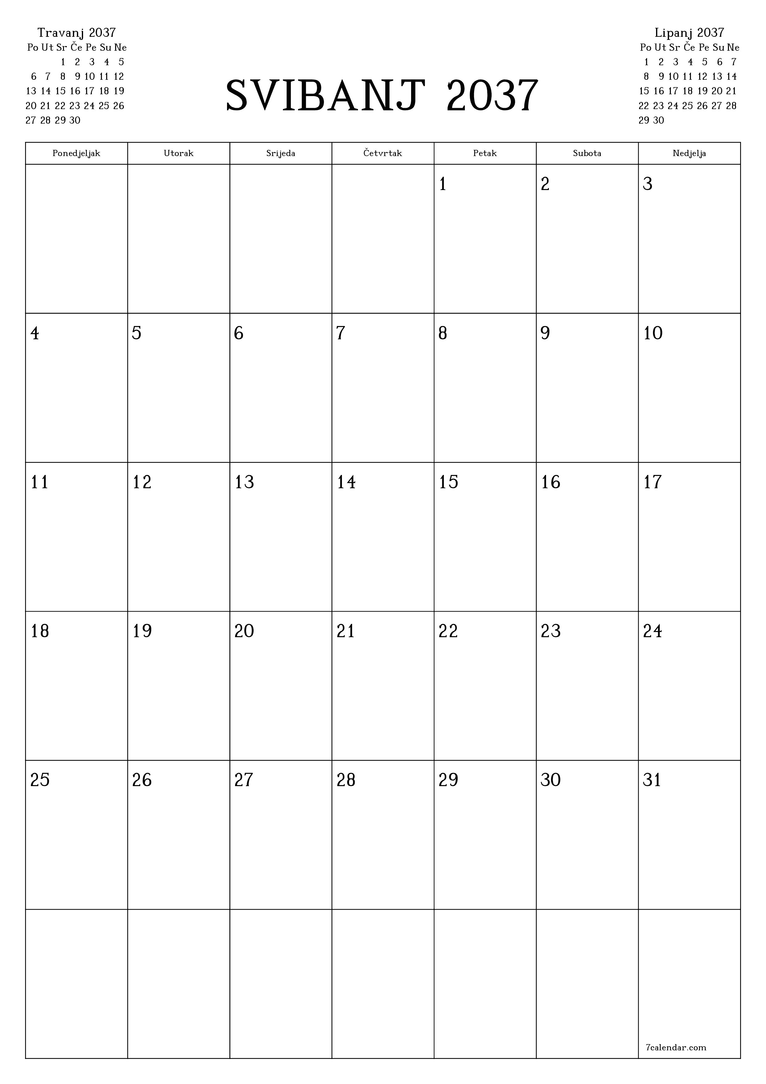  za ispis zidni predložak a besplatni okomito Mjesečni planer kalendar Svibanj (Svi) 2037