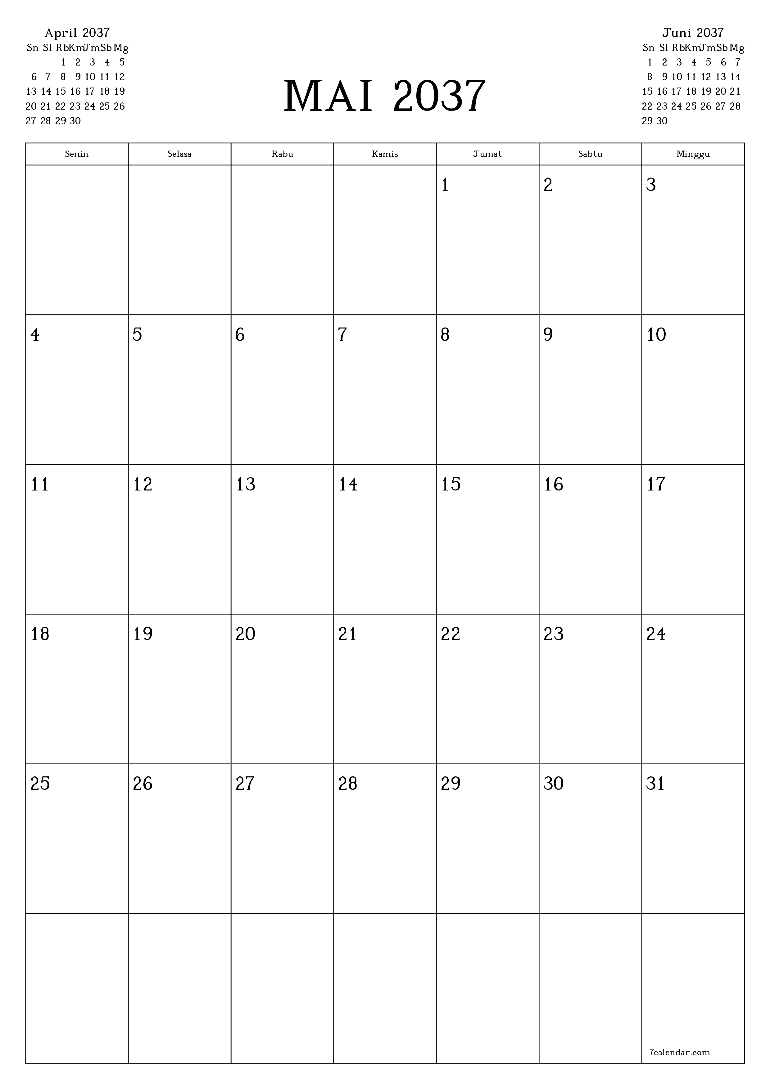  yang dapat dicetak dinding templat gratisvertikal Bulanan perencana kalender Mai (Mai) 2037