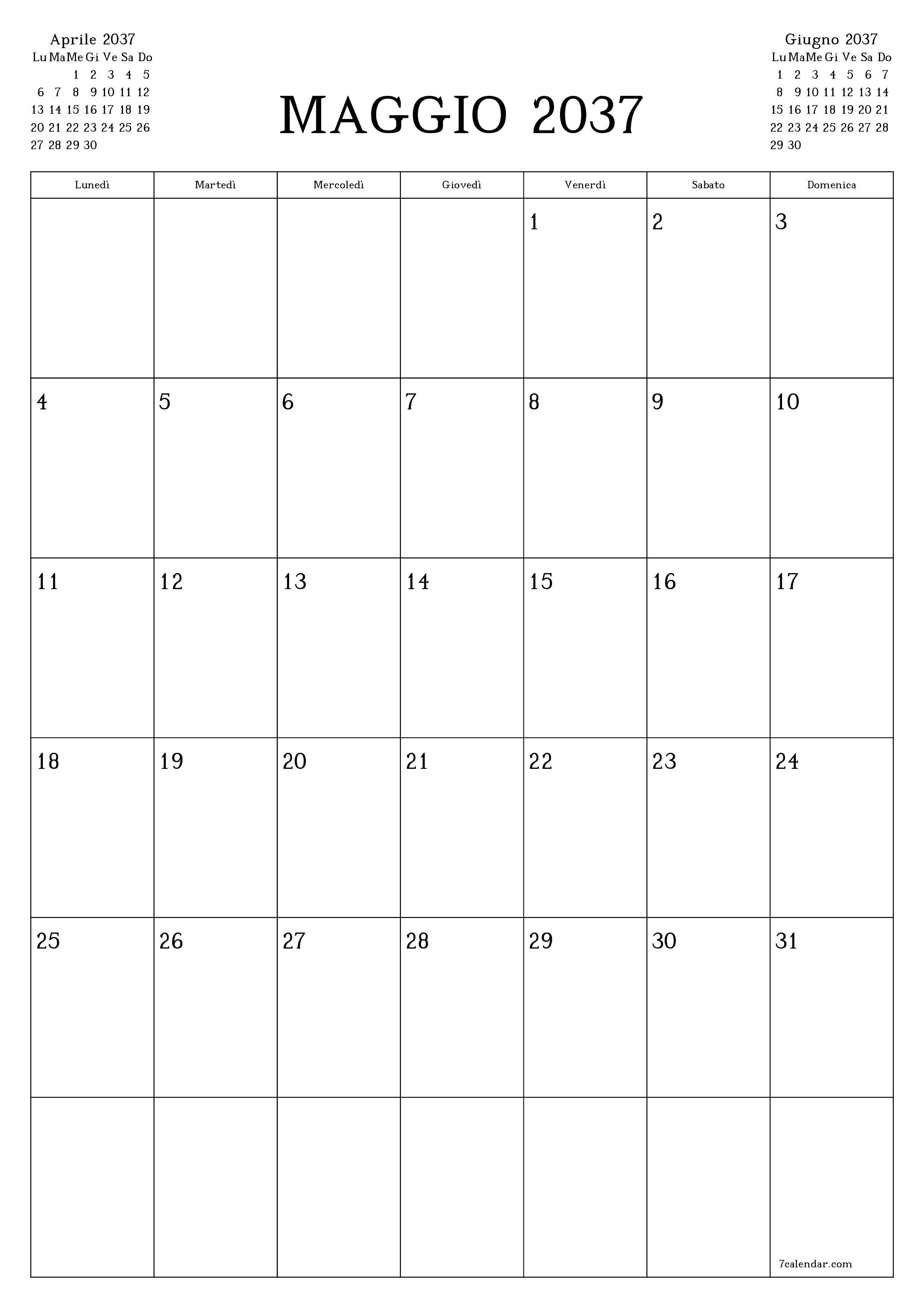  stampabile da parete modello di gratuitoverticale Mensile pianificatore calendario Maggio (Mag) 2037