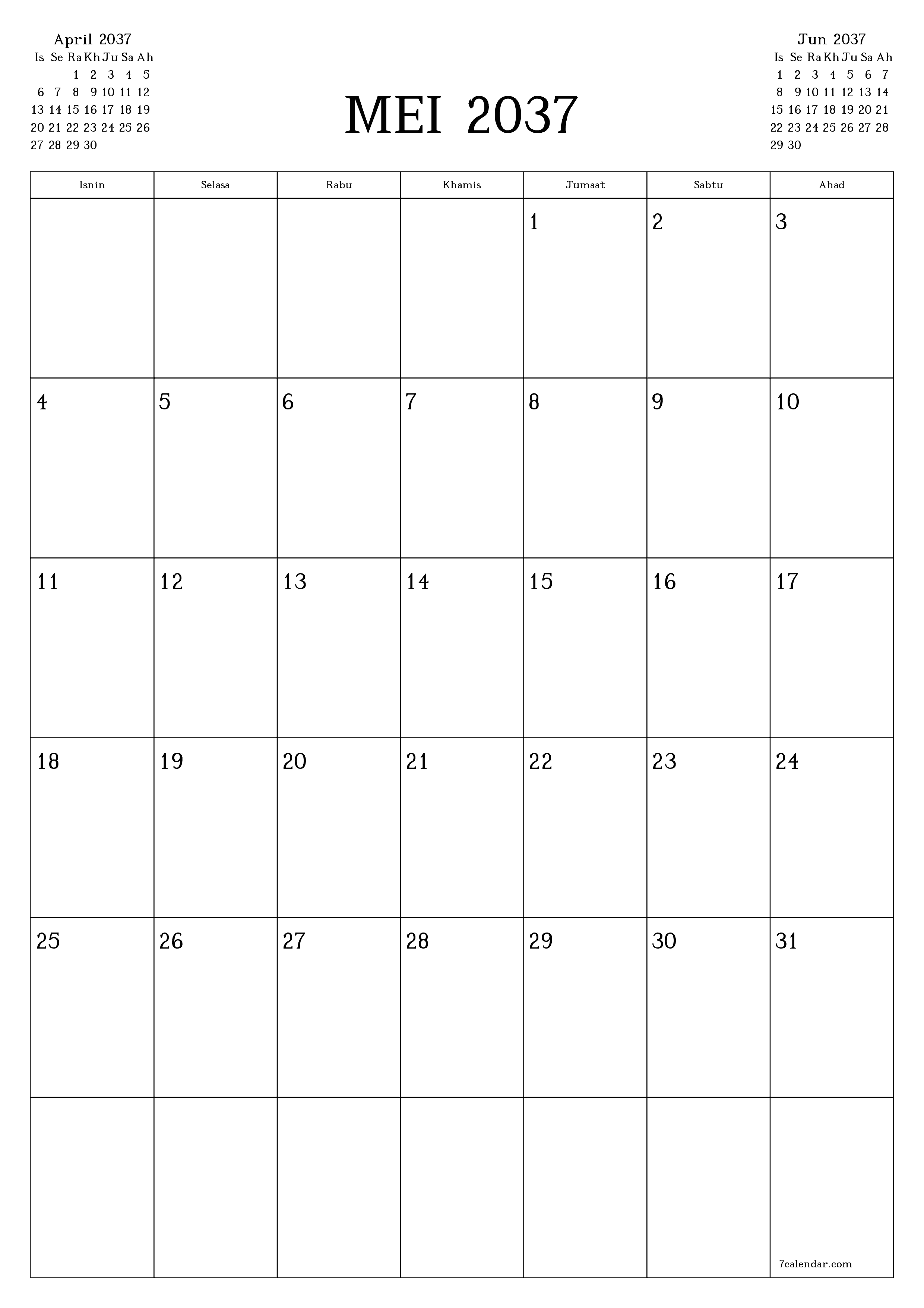  boleh cetak dinding templat percumamenegak Bulanan perancang kalendar Mei (Mei) 2037
