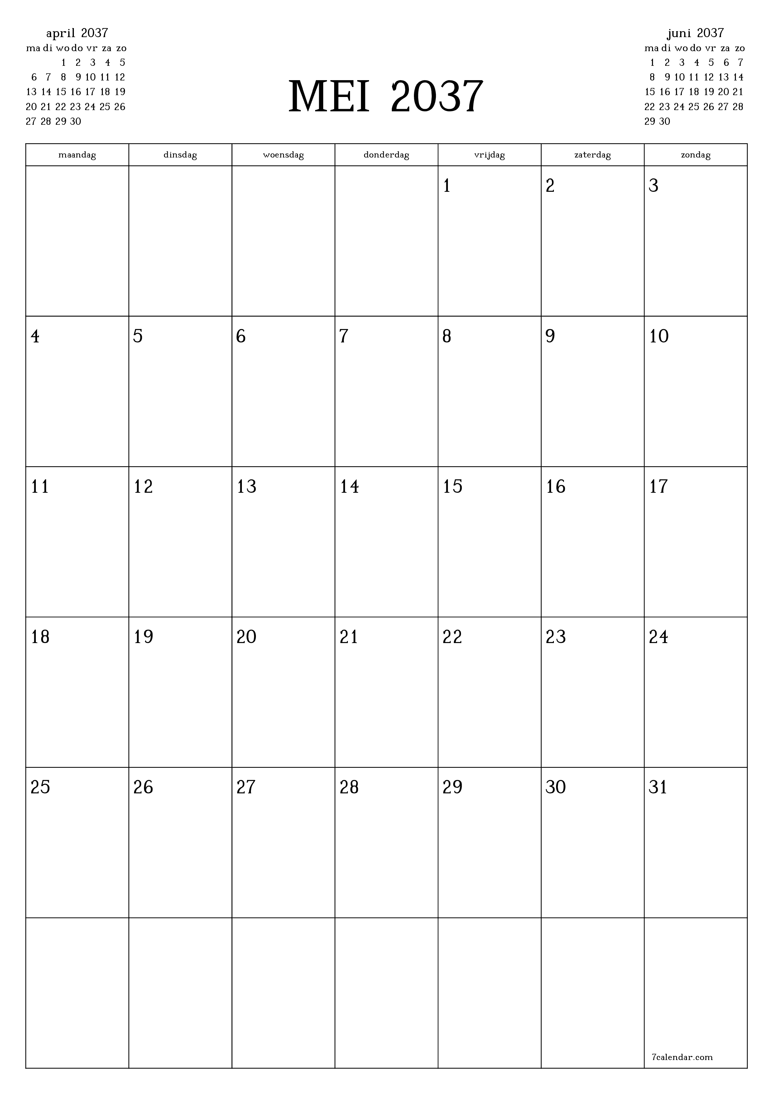 afdrukbare muur sjabloon gratis verticaal Maandelijks planner kalender mei (mei) 2037