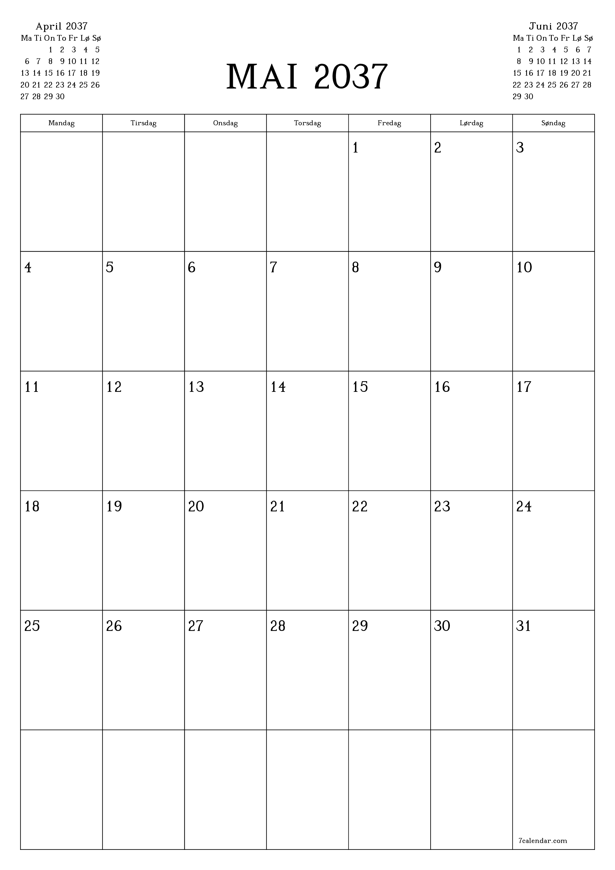 utskrivbar vegg mal gratis vertikal Månedlig planlegger kalender Mai (Mai) 2037
