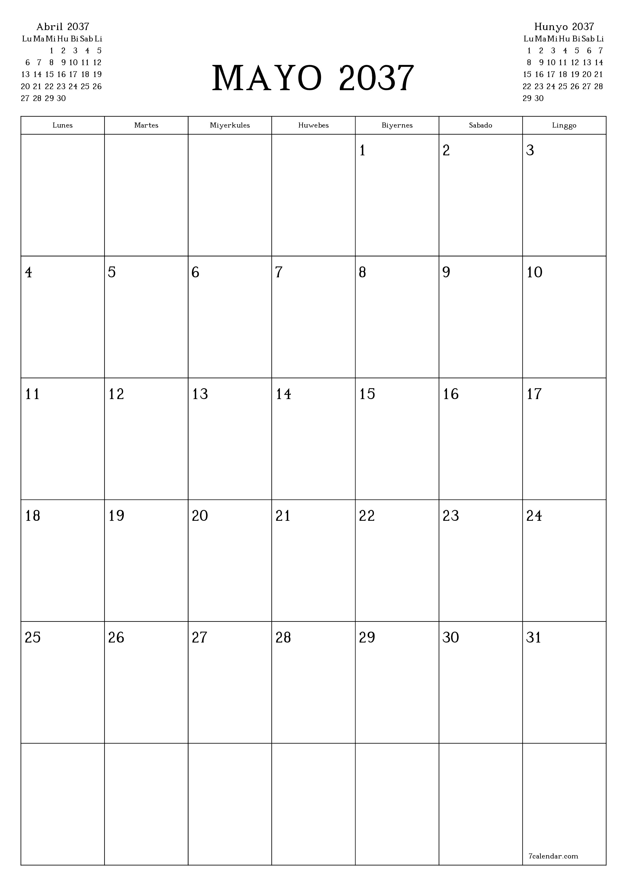 napi-print na sa dingding template ng libreng patayo Buwanang tagaplano kalendaryo Mayo (May) 2037