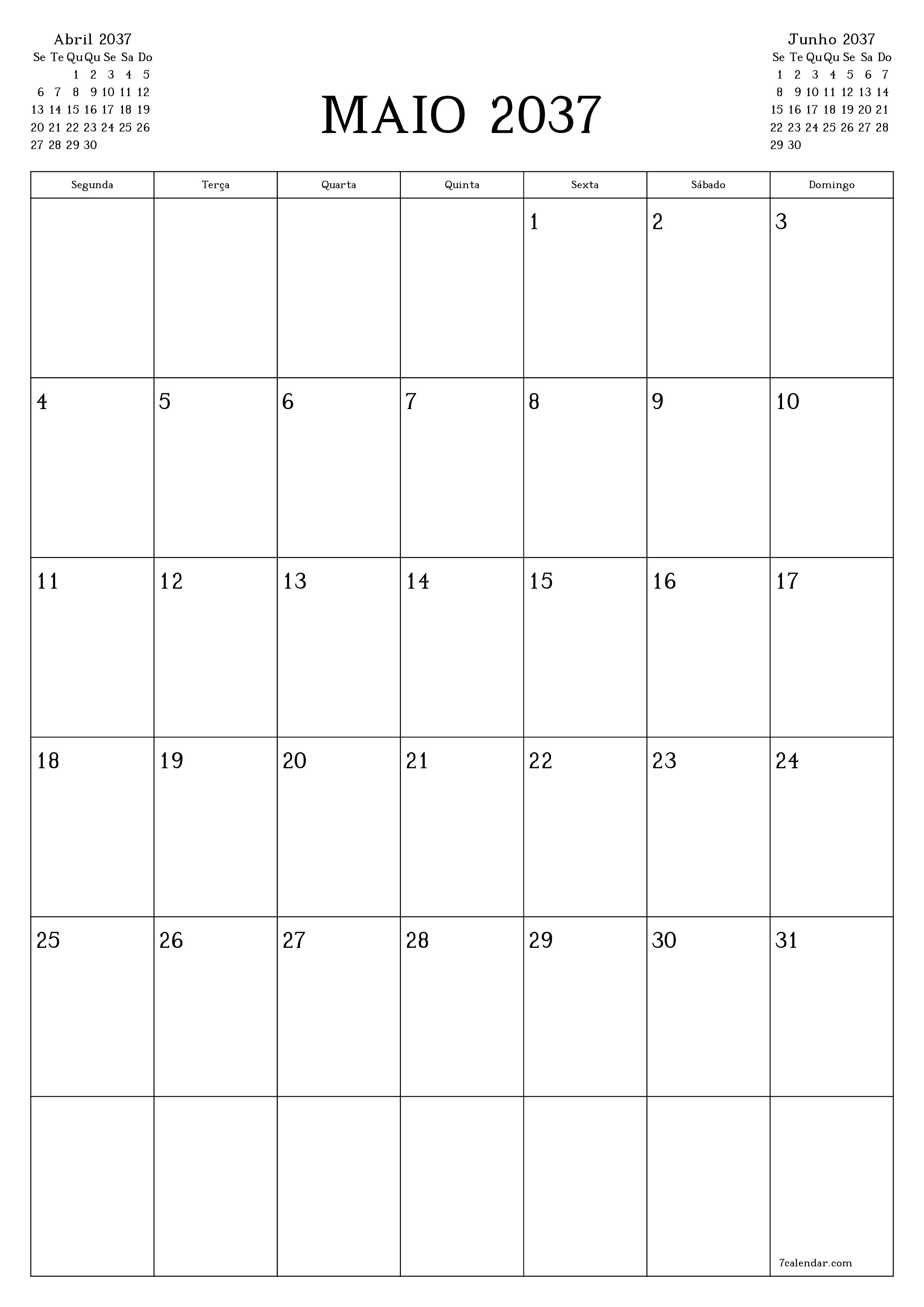  para impressão de parede modelo de grátisvertical Mensal planejador calendário Maio (Mai) 2037