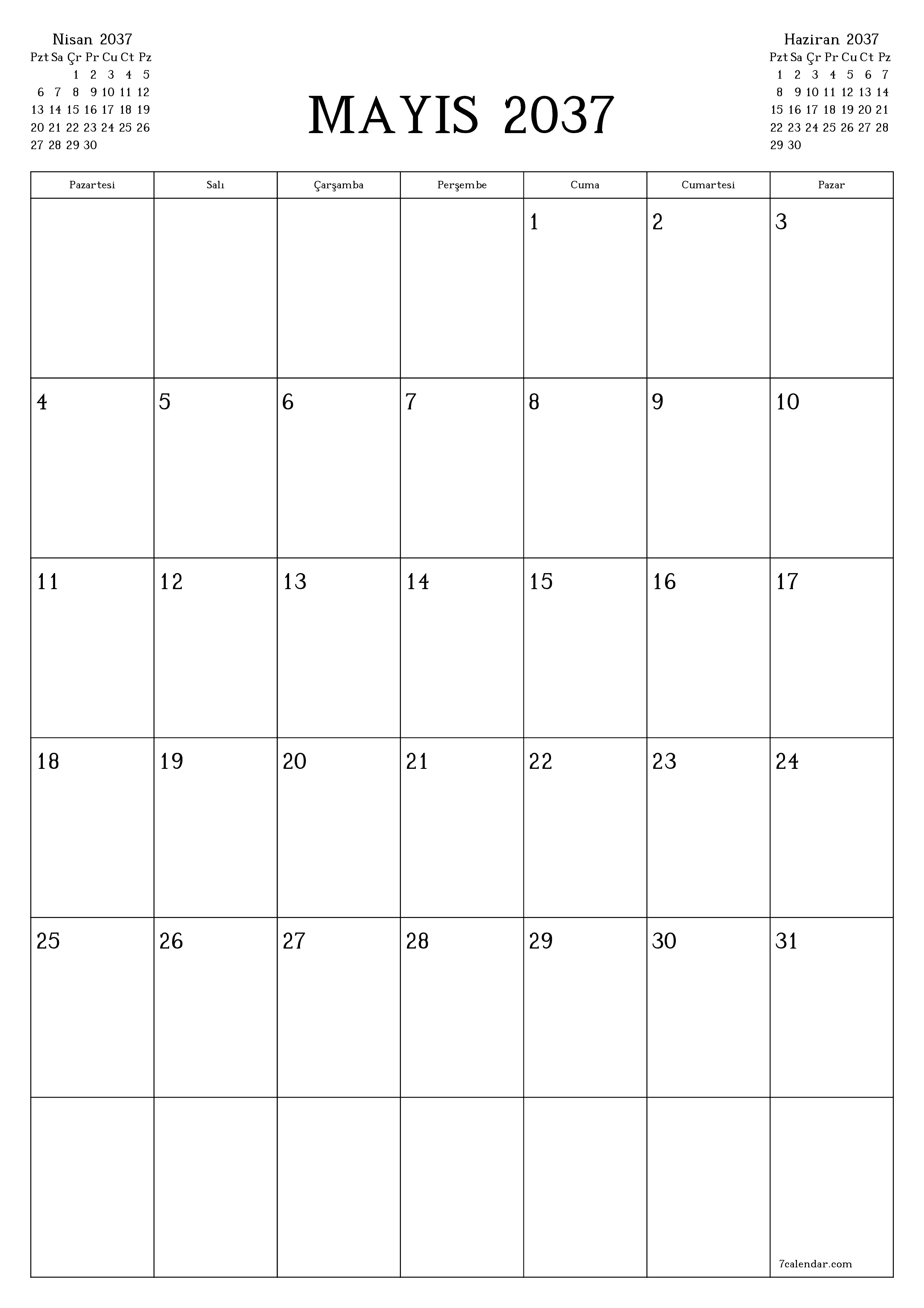 yazdırılabilir duvar i şablonu ücretsiz dikey Aylık planlayıcı takvim Mayıs (May) 2037