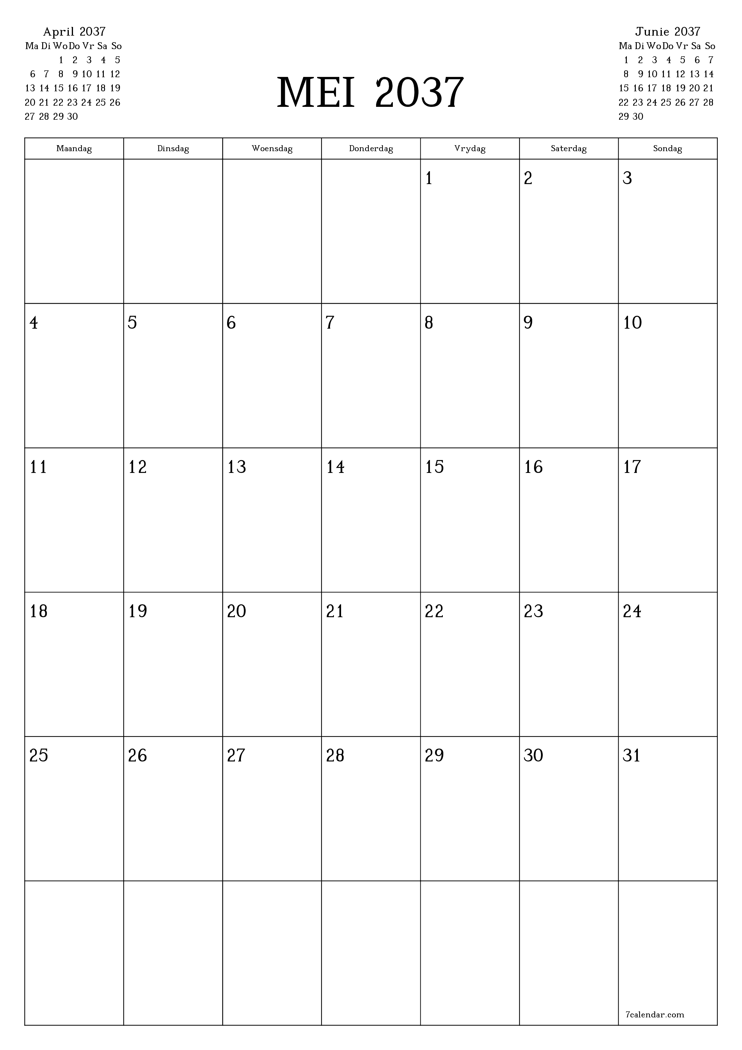 drukbare muur template gratis vertikaal Maandeliks beplanner kalender Mei (Mei) 2037