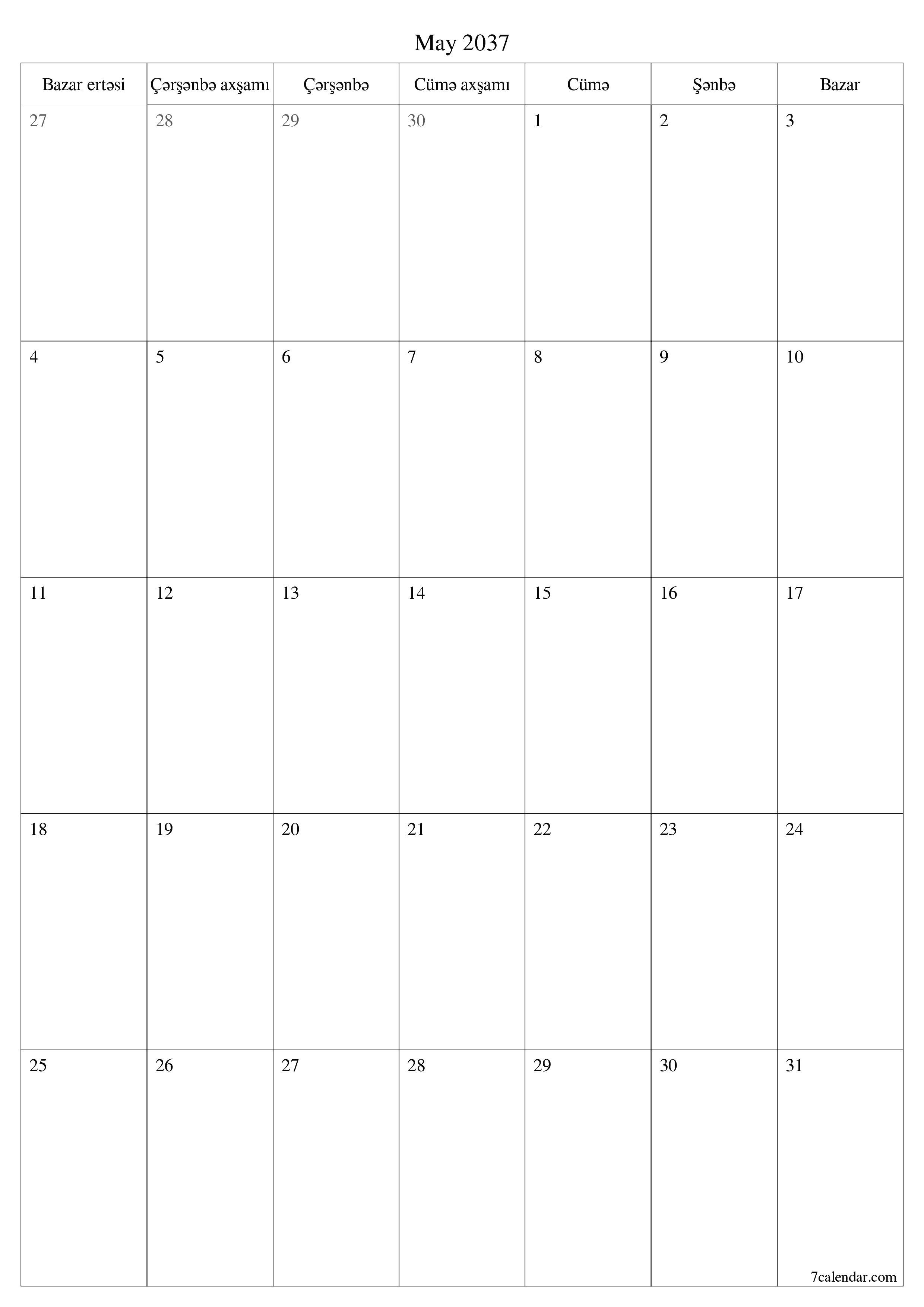 May 2037 ayı üçün qeydlər ilə boş aylıq planlayıcı, qeyd edin və PDF-ə yazdırın PNG Azerbaijani