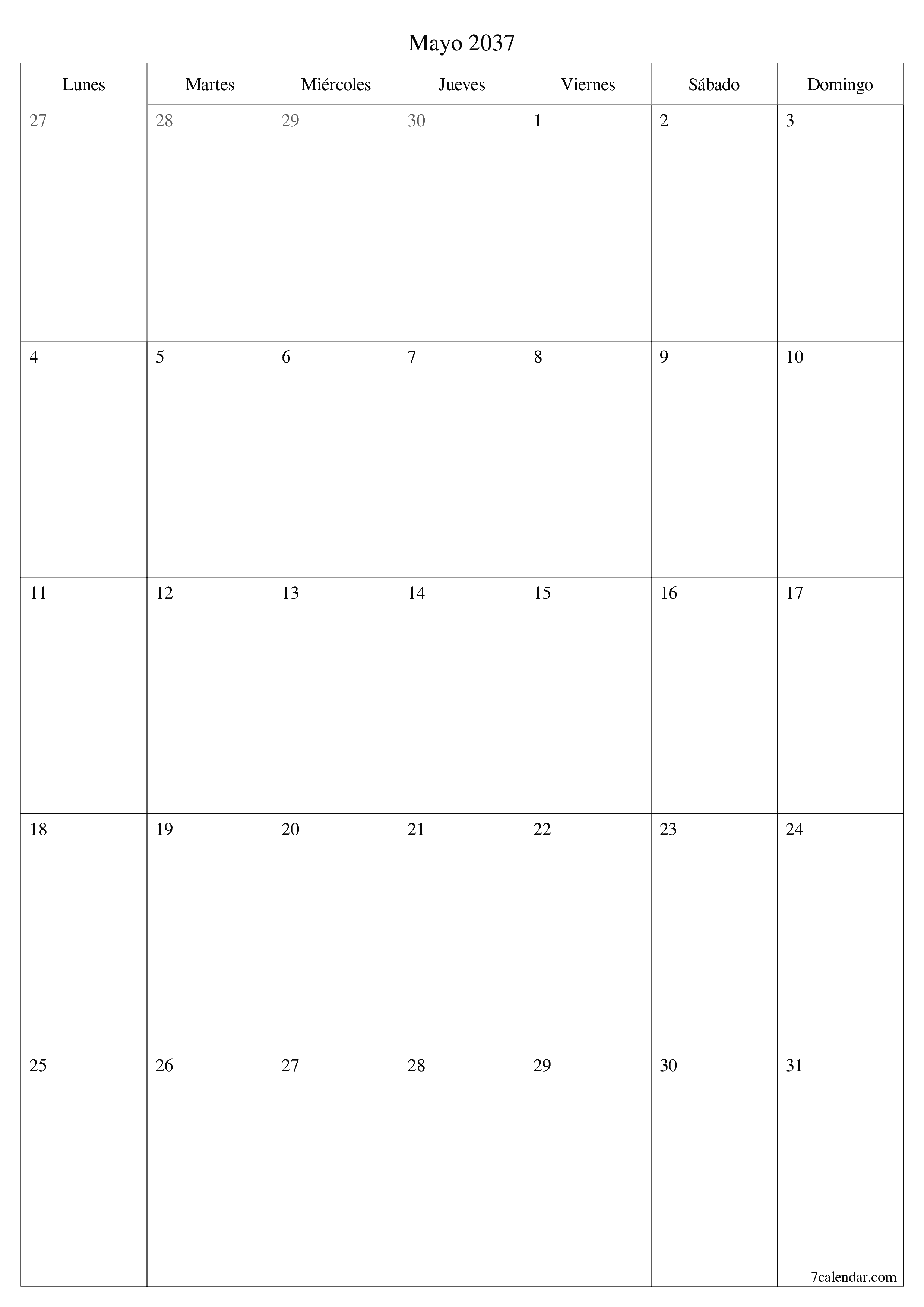  imprimible de pared plantilla de gratisvertical Mensual planificador calendario Mayo (May) 2037