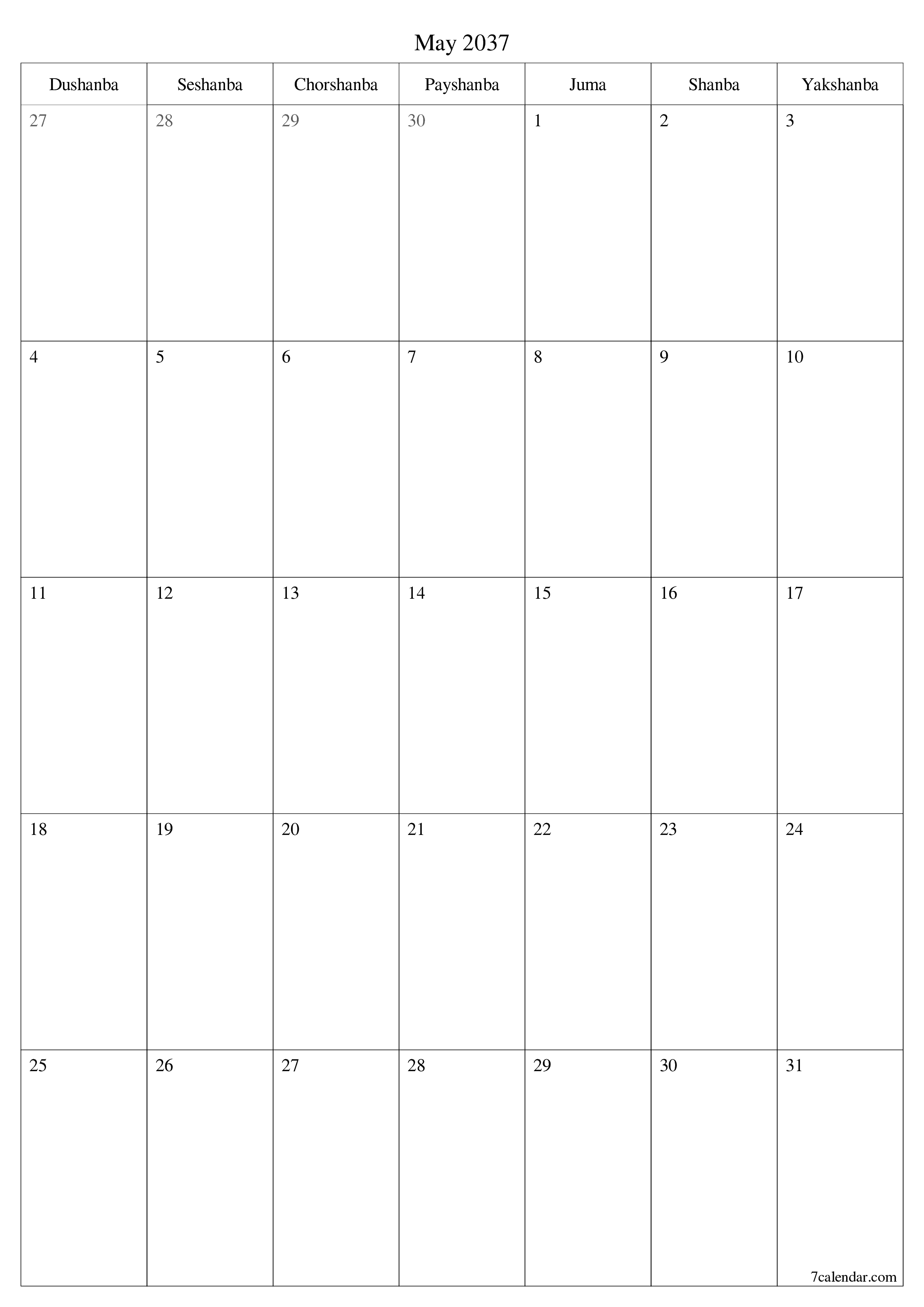 chop etiladigan devor taqvimi shabloni bepul vertikal Oylik rejalashtiruvchi kalendar May (May) 2037