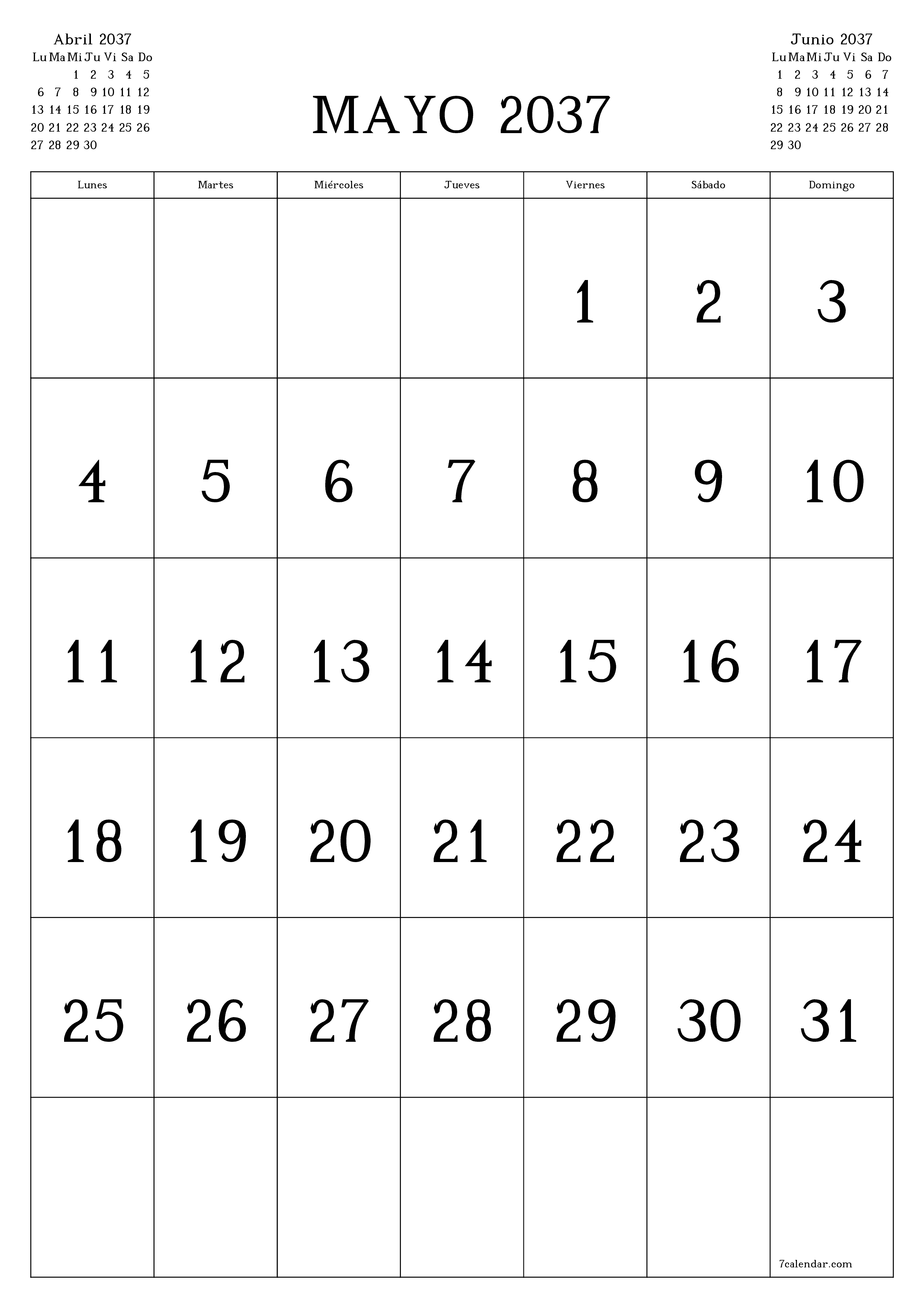  imprimible de pared plantilla de gratisvertical Mensual calendario Mayo (May) 2037