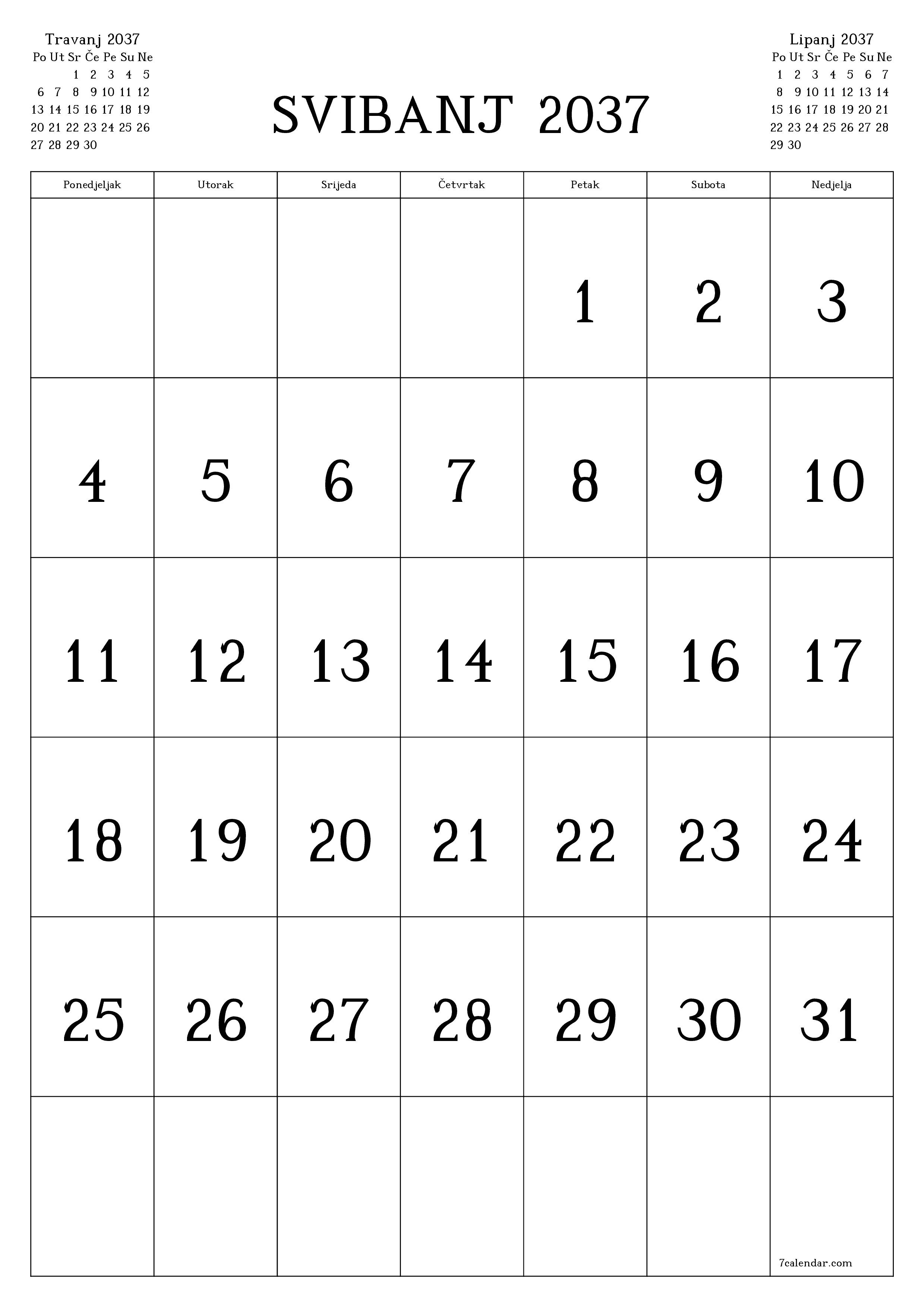  za ispis zidni predložak a besplatni okomito Mjesečni kalendar Svibanj (Svi) 2037