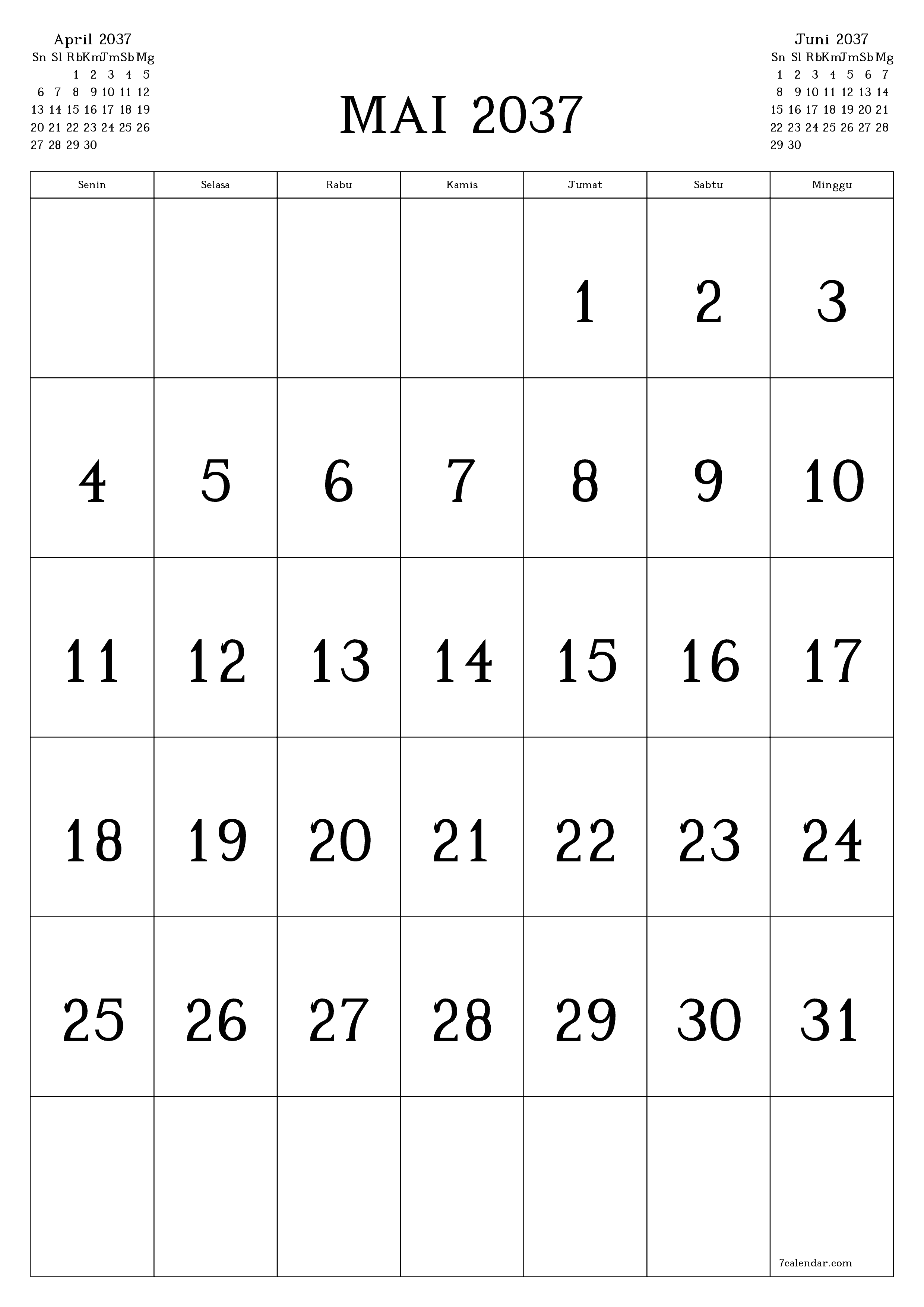  yang dapat dicetak dinding templat gratisvertikal Bulanan kalender Mai (Mai) 2037