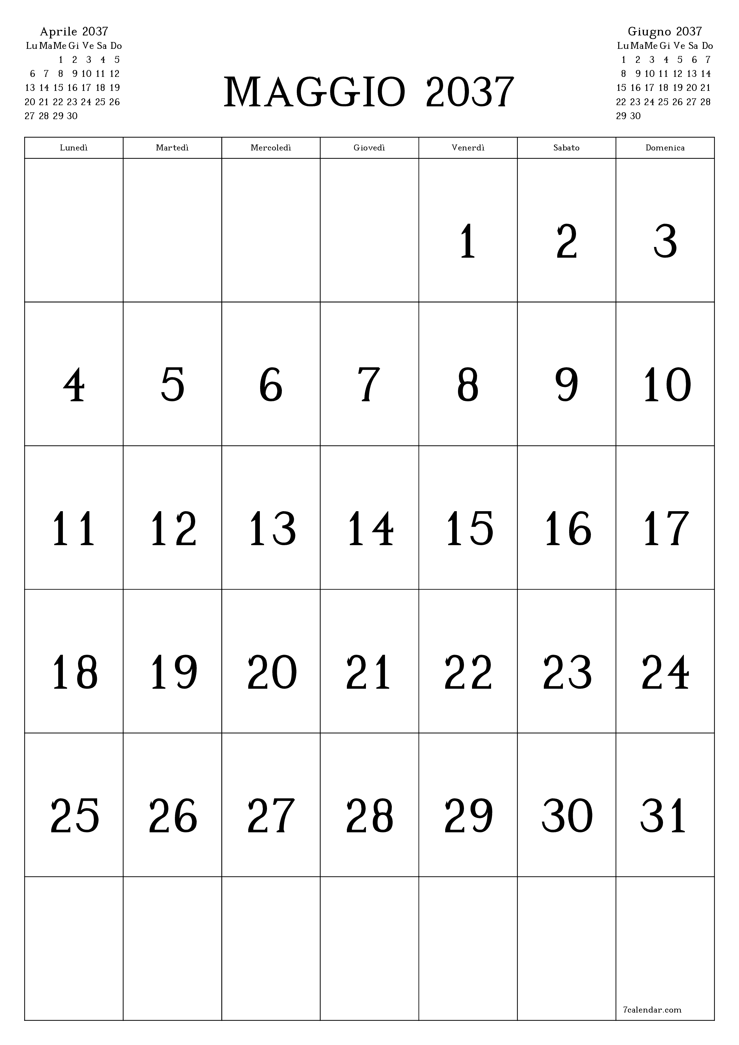 stampabile da parete modello di gratuitoverticale Mensile calendario Maggio (Mag) 2037