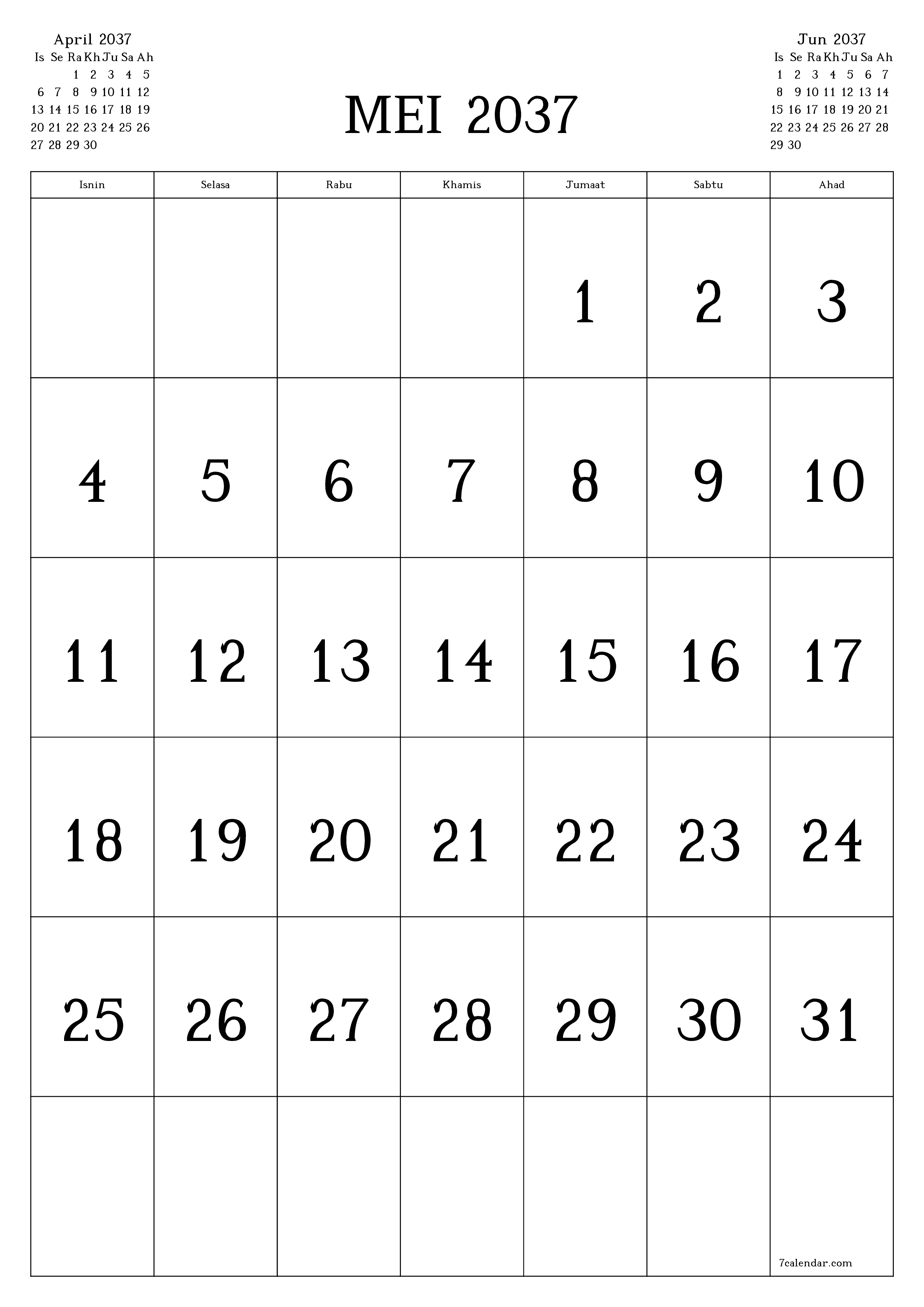  boleh cetak dinding templat percumamenegak Bulanan kalendar Mei (Mei) 2037
