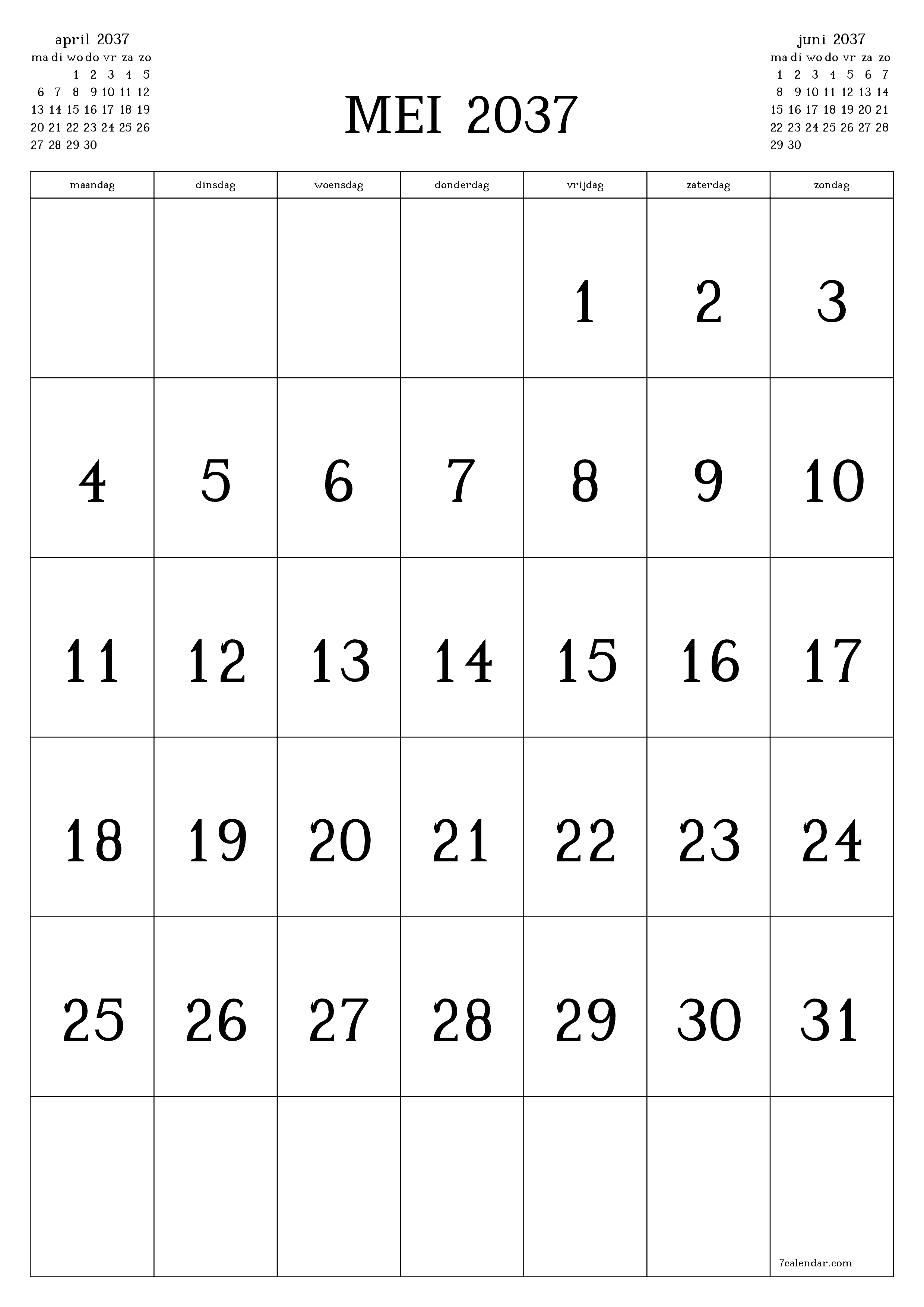 afdrukbare muur sjabloon gratis verticaal Maandelijks kalender mei (mei) 2037