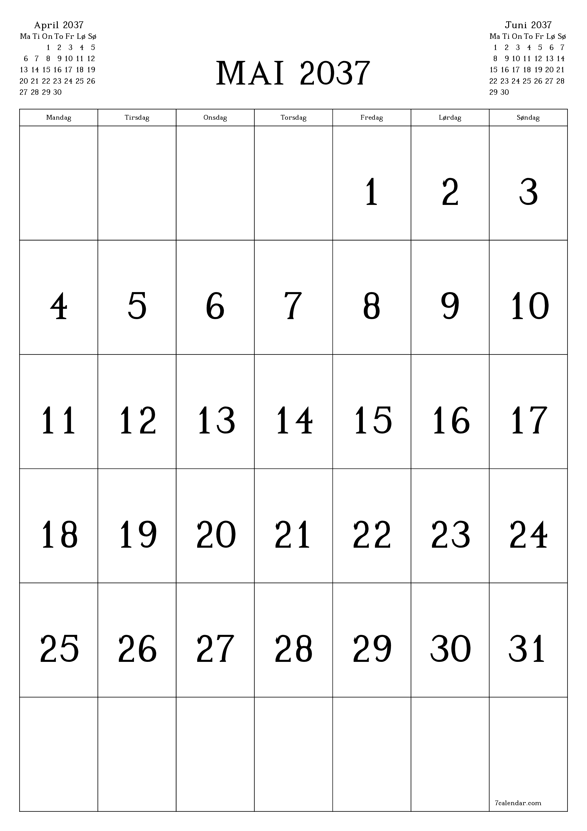 utskrivbar vegg mal gratis vertikal Månedlig kalender Mai (Mai) 2037