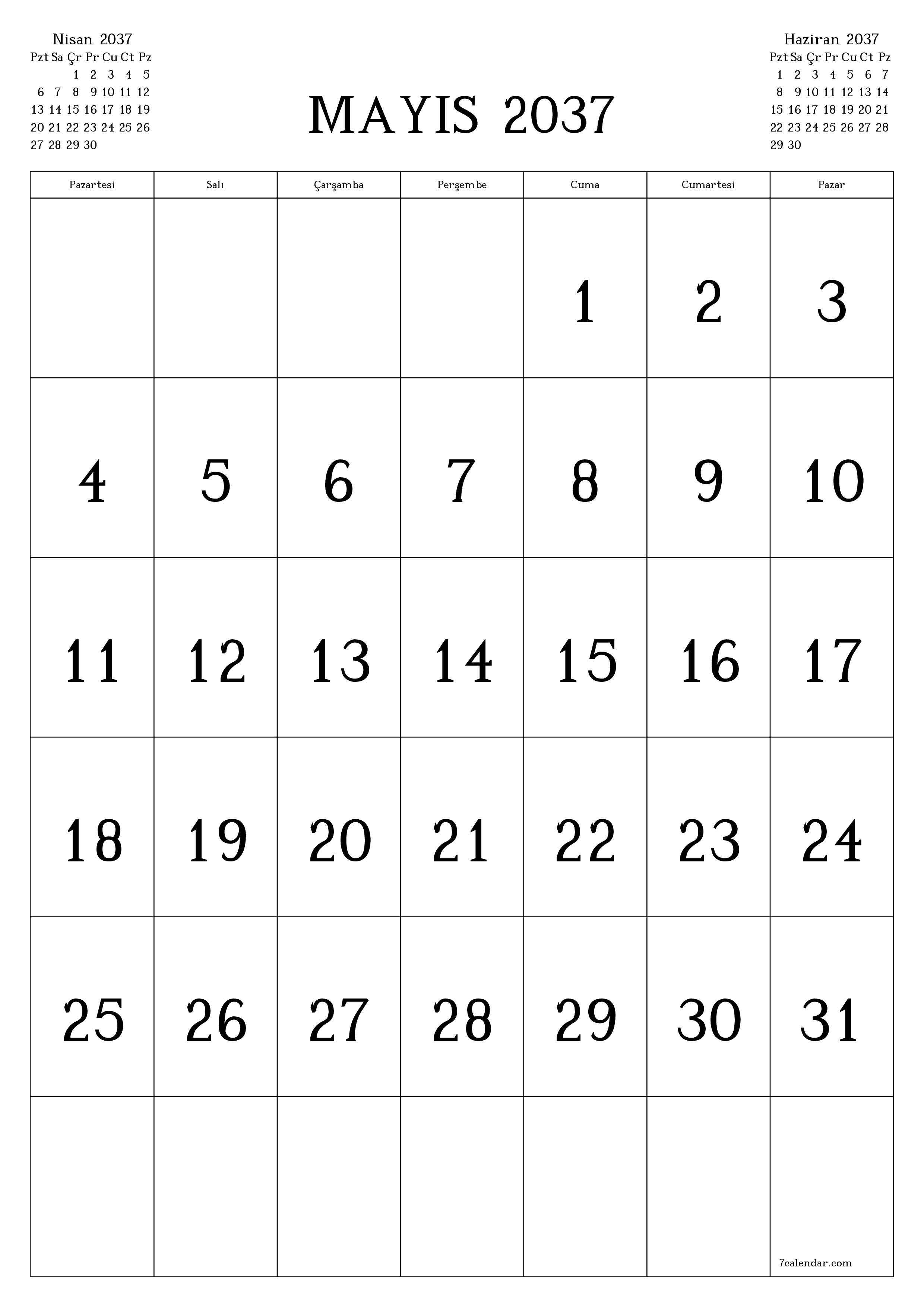 yazdırılabilir duvar i şablonu ücretsiz dikey Aylık takvim Mayıs (May) 2037
