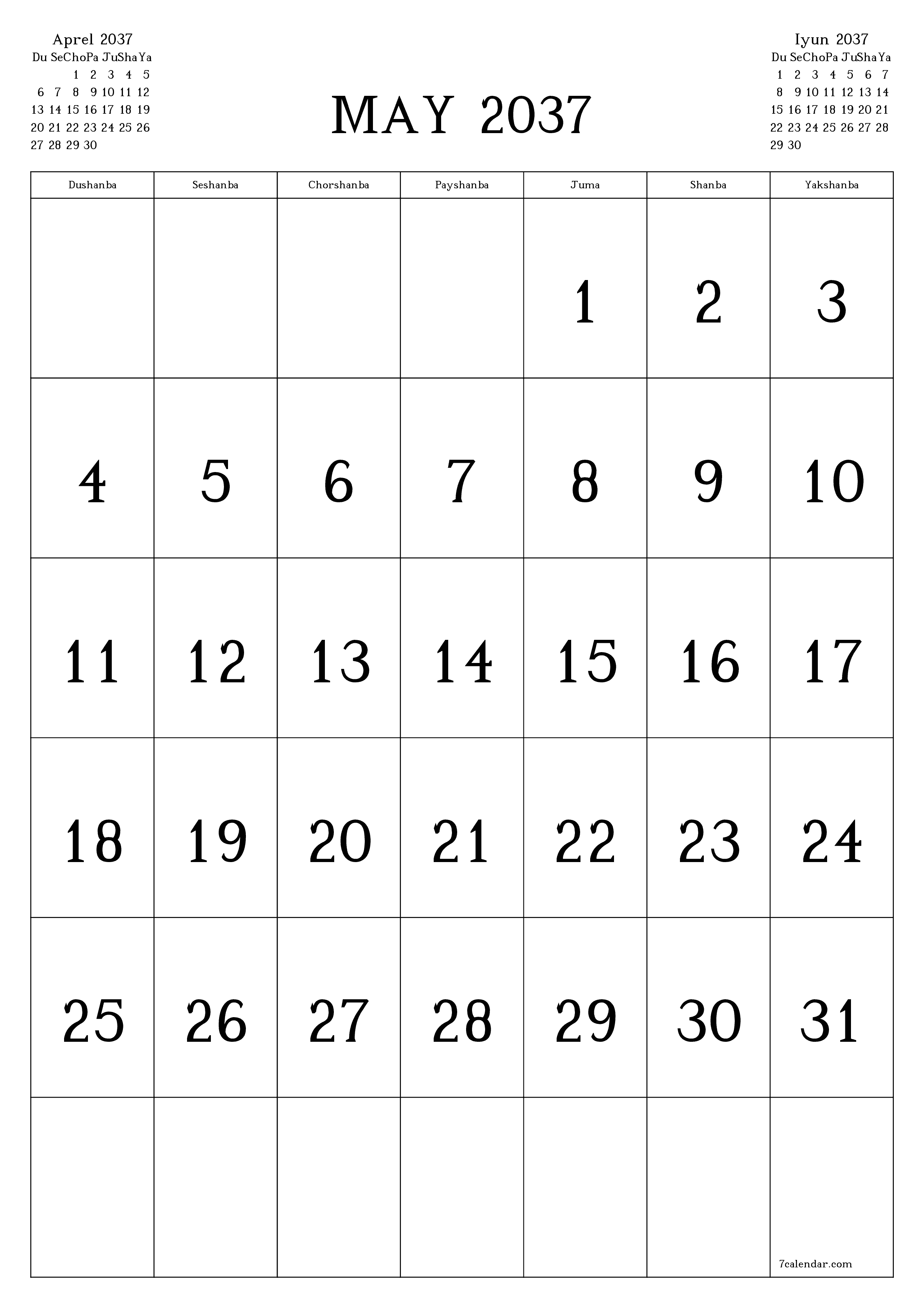chop etiladigan devor taqvimi shabloni bepul vertikal Oylik kalendar May (May) 2037