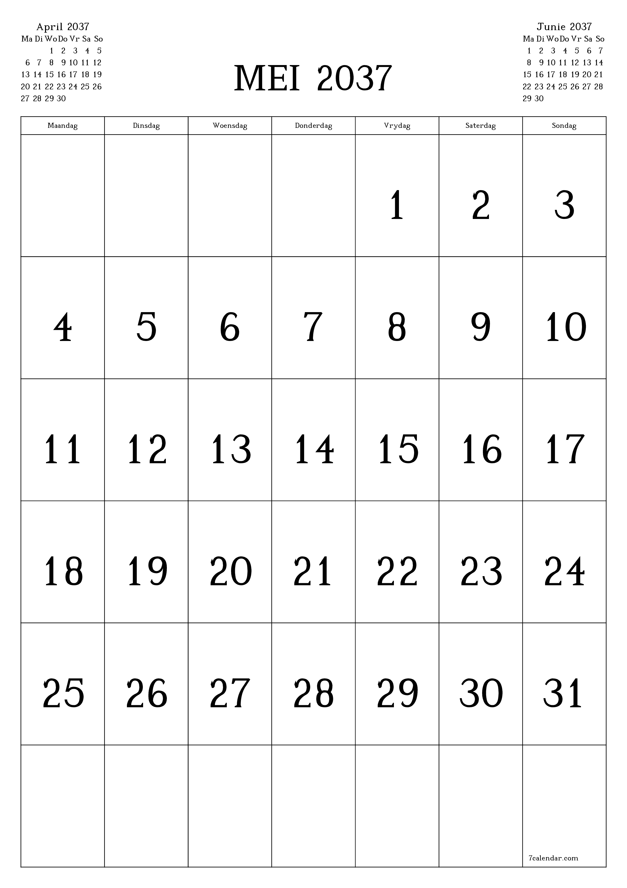 drukbare muur template gratis vertikaal Maandeliks kalender Mei (Mei) 2037