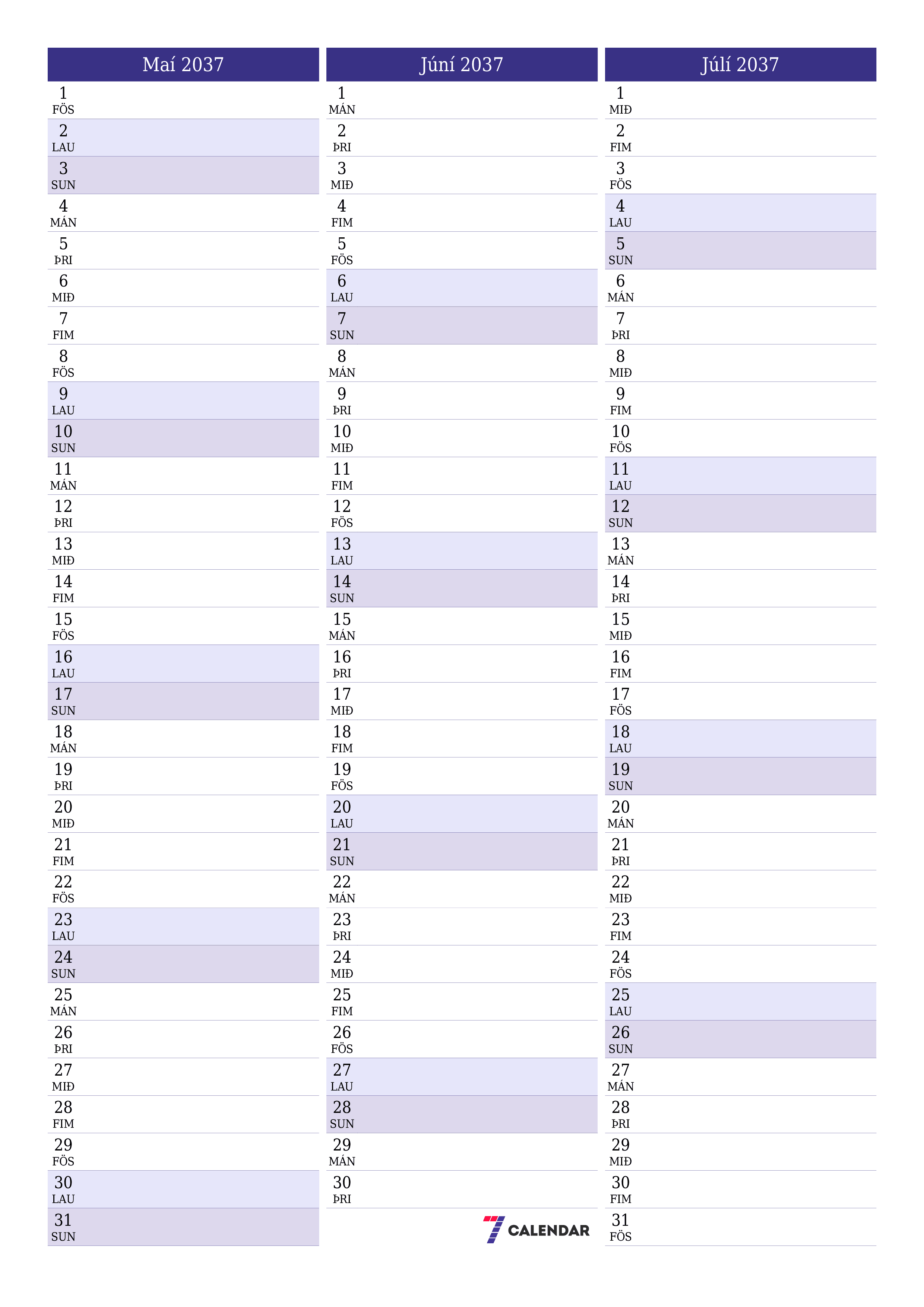 Tómur mánaðarlegur skipuleggjandi fyrir mánuðinn Maí 2037 með athugasemdum, vista og prenta á PDF PNG Icelandic