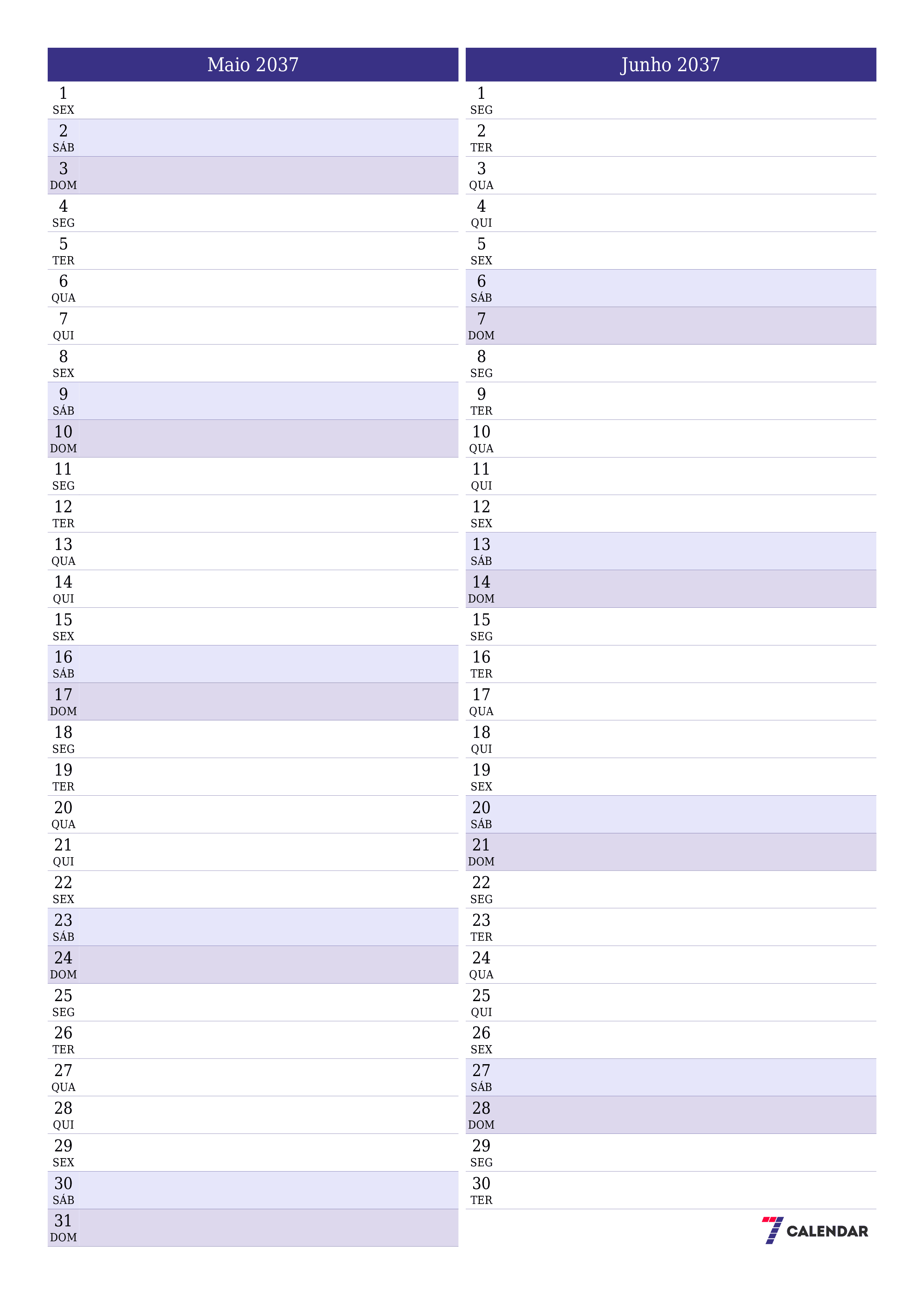  para impressão de parede modelo de grátisvertical Mensal planejador calendário Maio (Mai) 2037