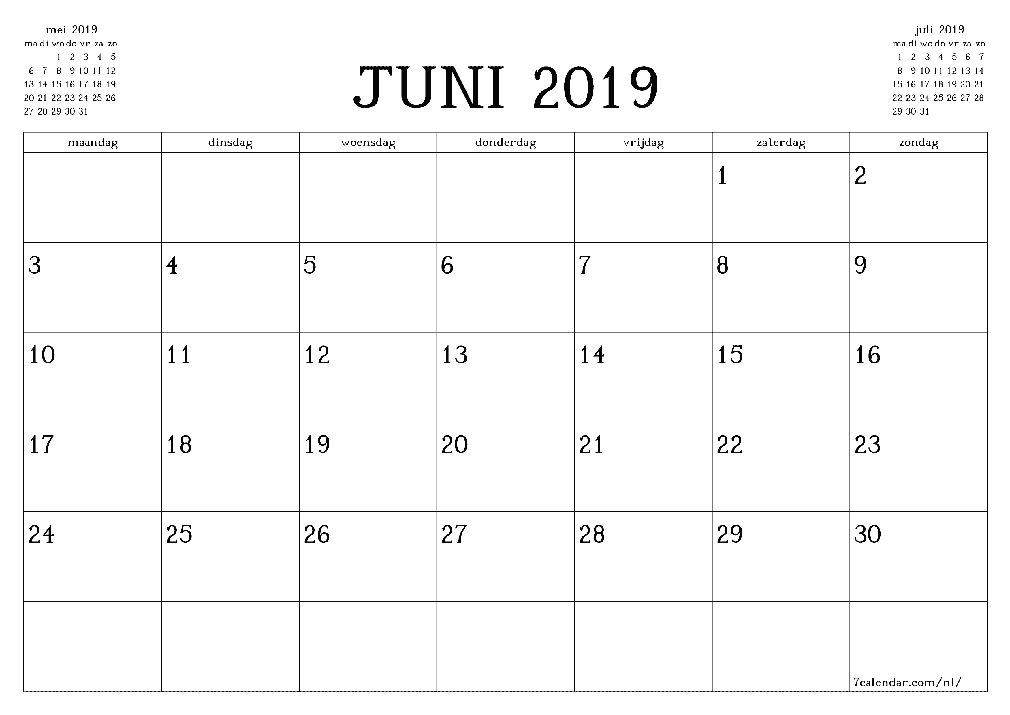 Lege maandplanner voor maand juni 2019 met notities, opslaan en afdrukken naar pdf PNG Dutch