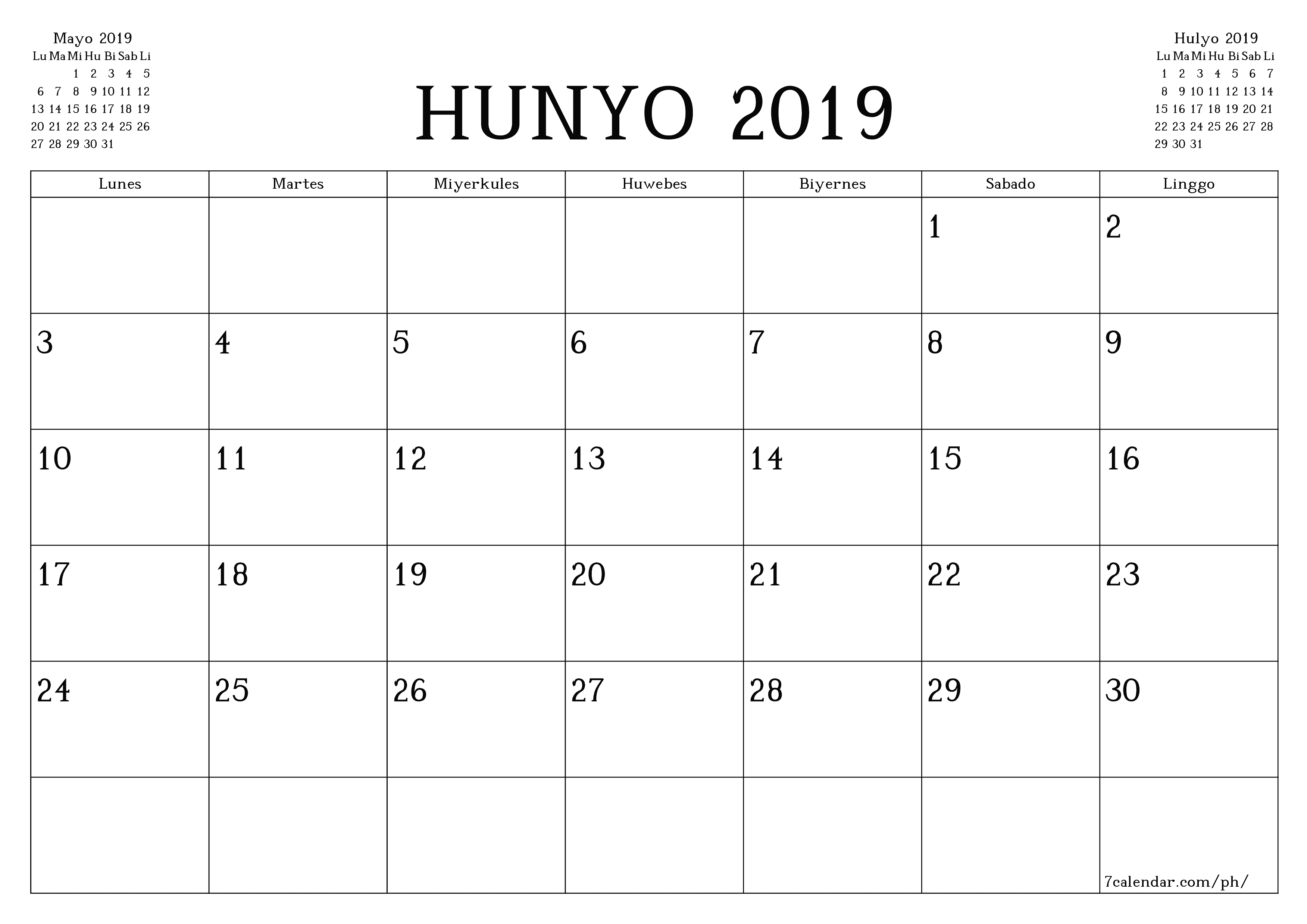 Walang laman na buwanang tagaplano para sa buwan na Hunyo 2019 na may mga tala, i-save at i-print sa PDF PNG Filipino