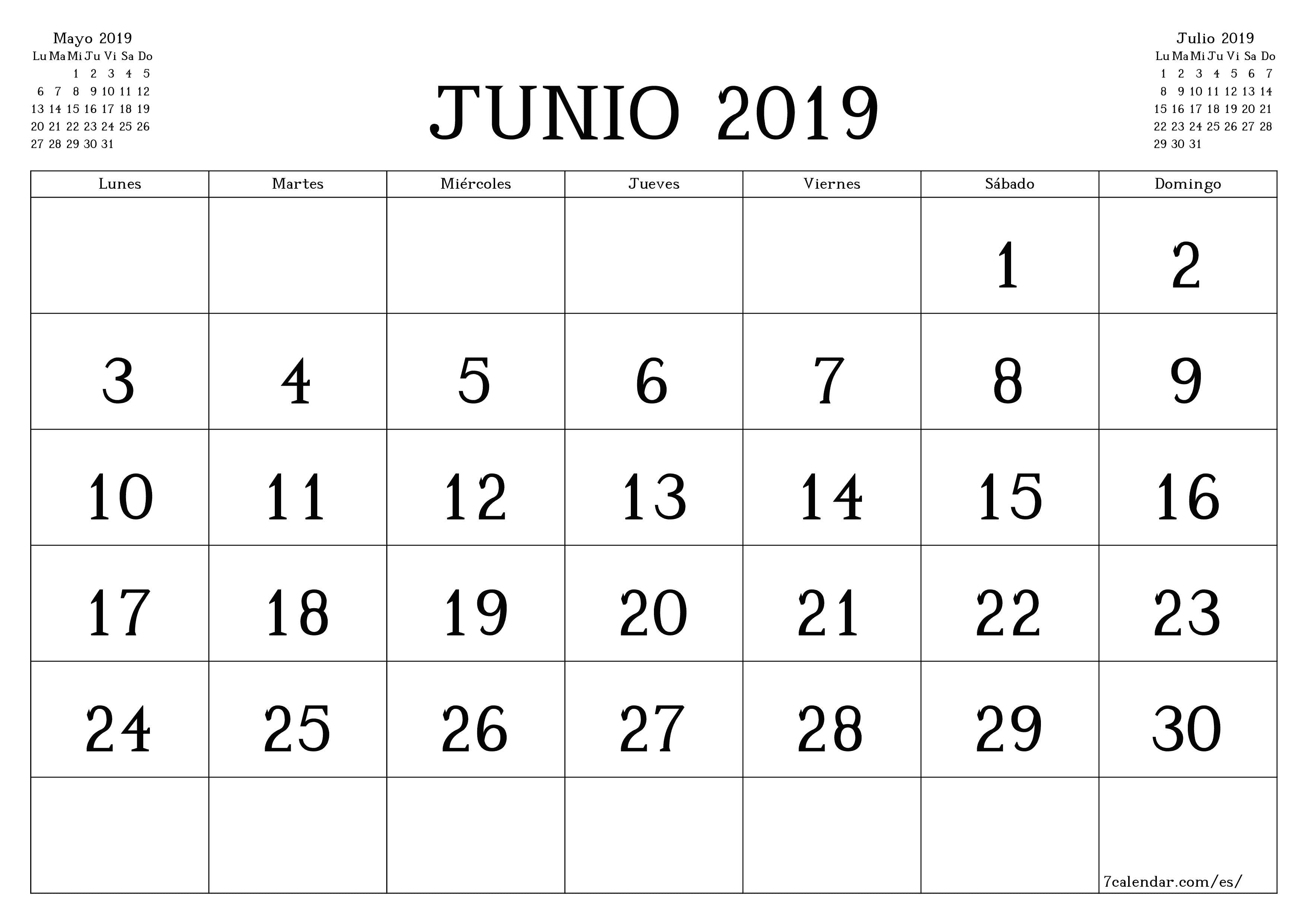 Planificador mensual vacío para el mes Junio 2019 con notas, guardar e imprimir en PDF PNG Spanish