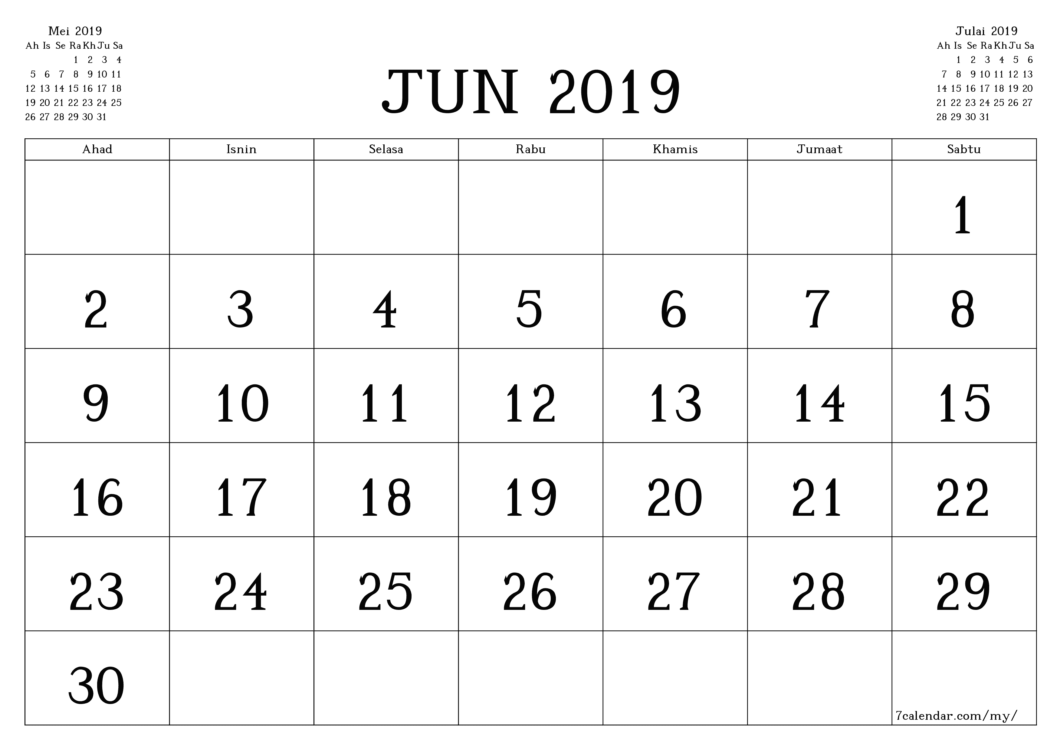 Perancang bulanan kosong untuk bulan Jun 2019 dengan nota, simpan dan cetak ke PDF PNG Malay
