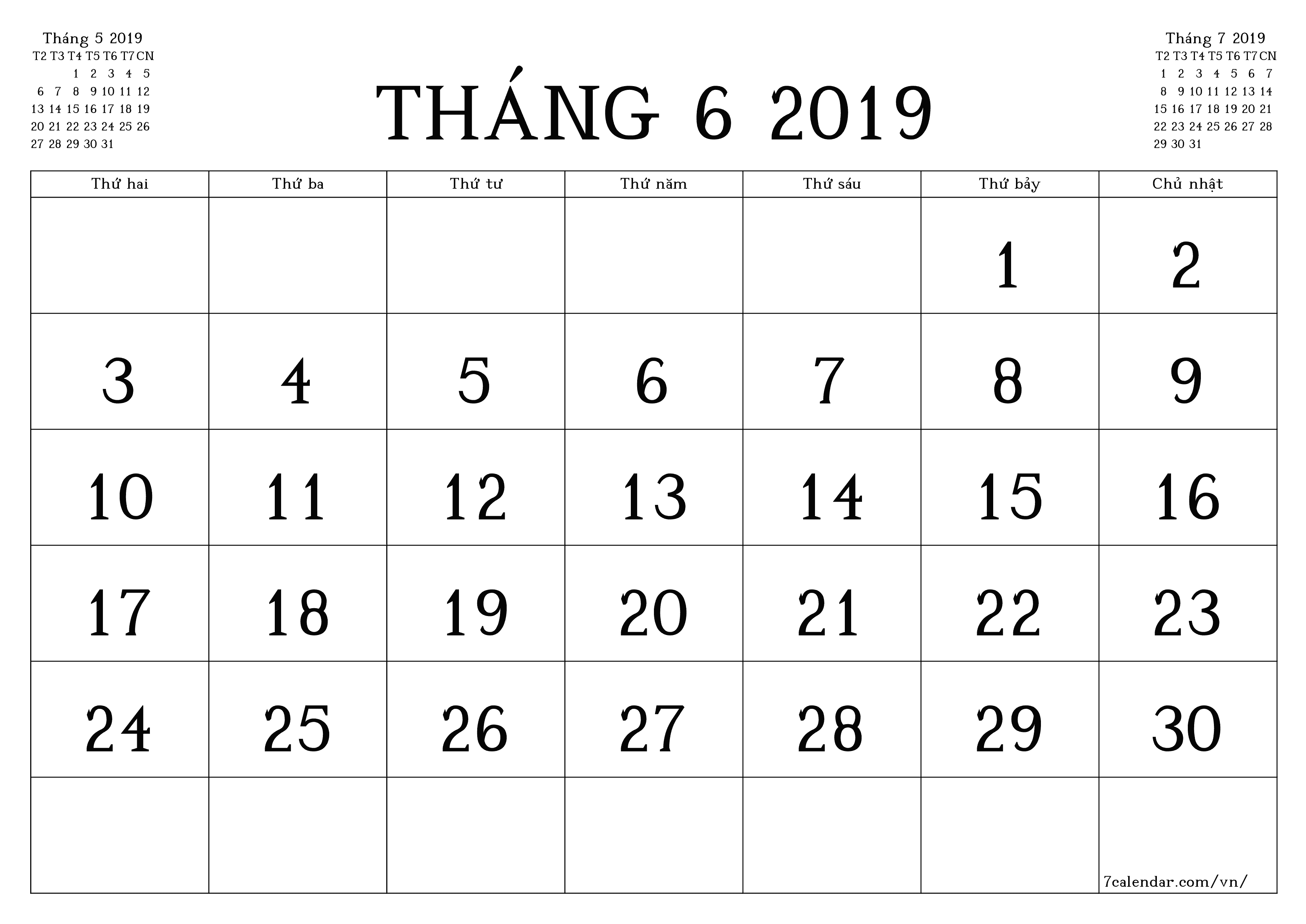 Công cụ lập kế hoạch hàng tháng trống cho tháng Tháng 6 2019 có ghi chú, lưu và in sang PDF PNG Vietnamese