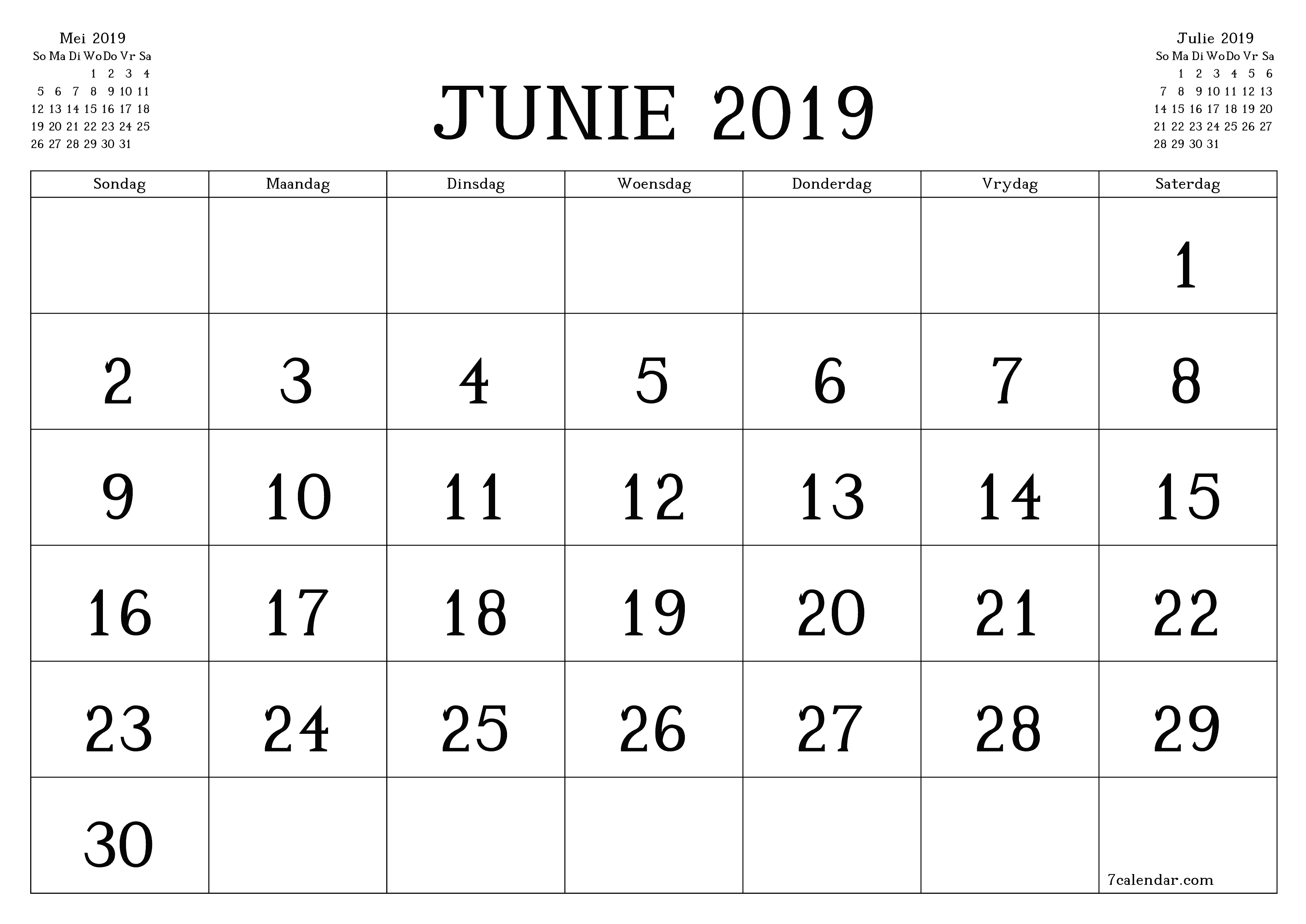 Leë maandelikse drukbare kalender en beplanner vir maand Junie 2019 met notas stoor en druk na PDF PNG Afrikaans