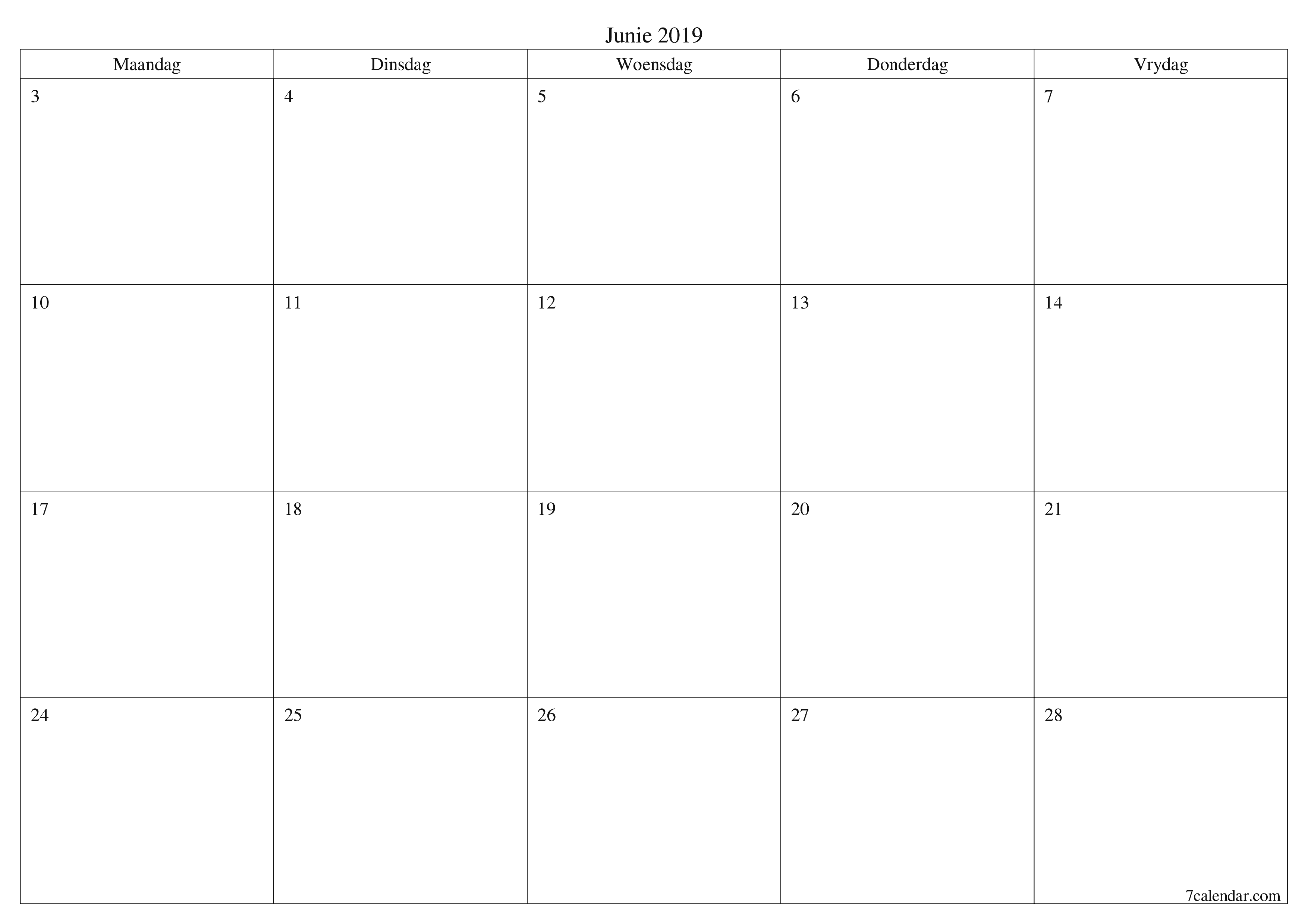 Leë maandelikse drukbare kalender en beplanner vir maand Junie 2019 met notas stoor en druk na PDF PNG Afrikaans